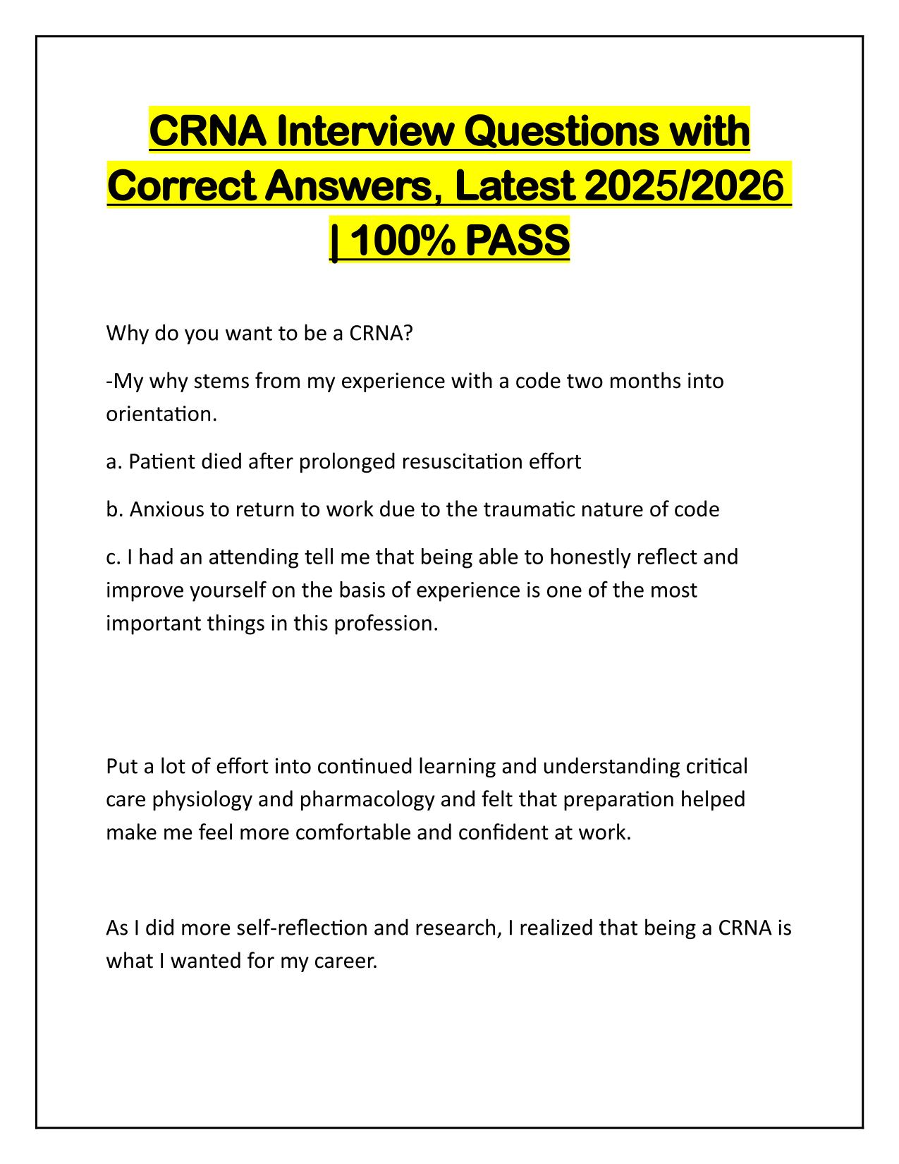 CRNA Interview Questions with Correct Answers Latest Update Graded A