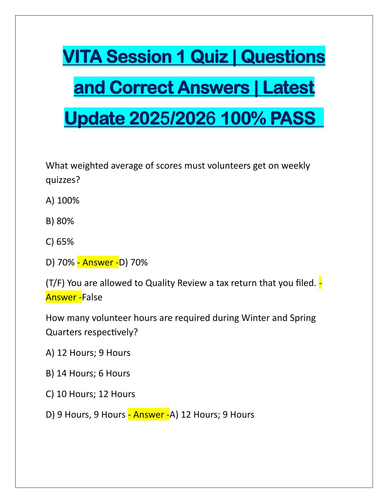 VITA Session 1 Quiz Questions and Answers 2025-2026