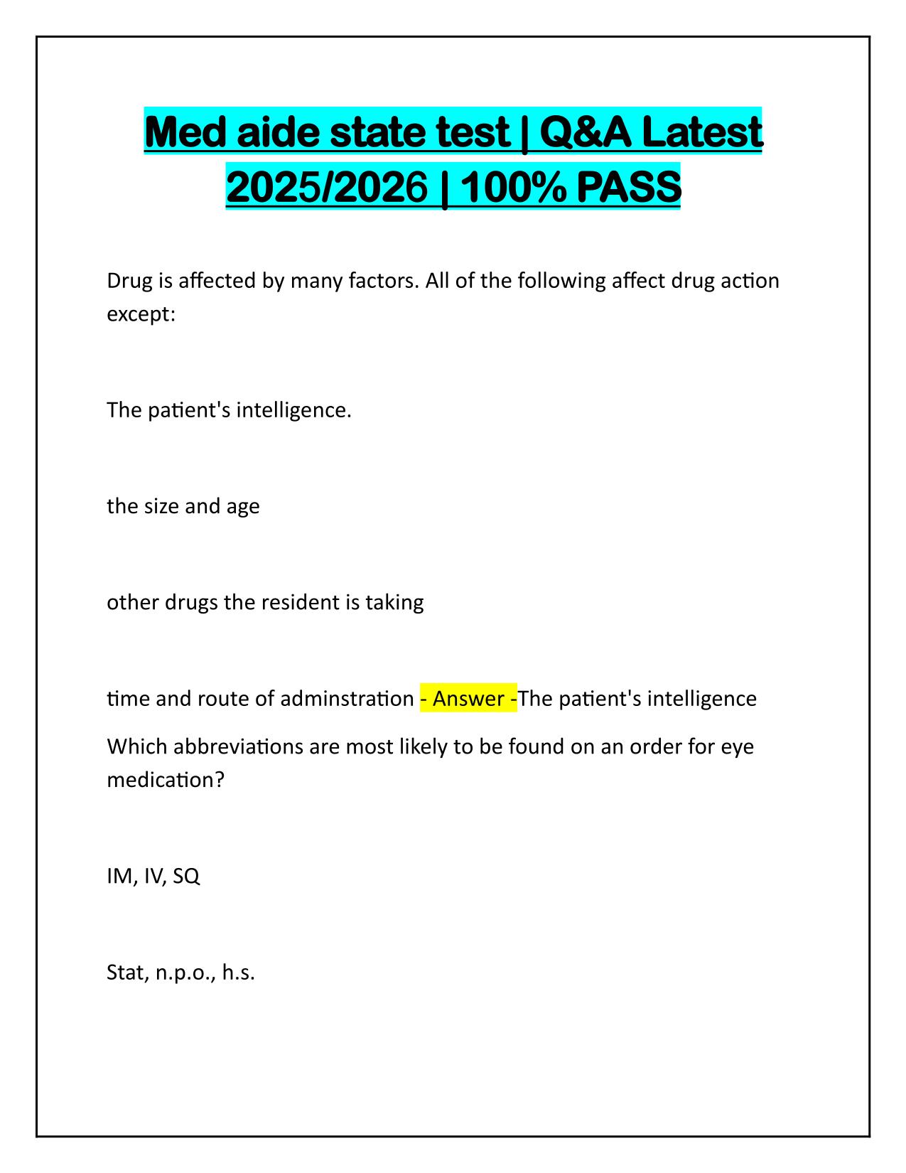 Med aide state test Questions and Correct Answers 2025