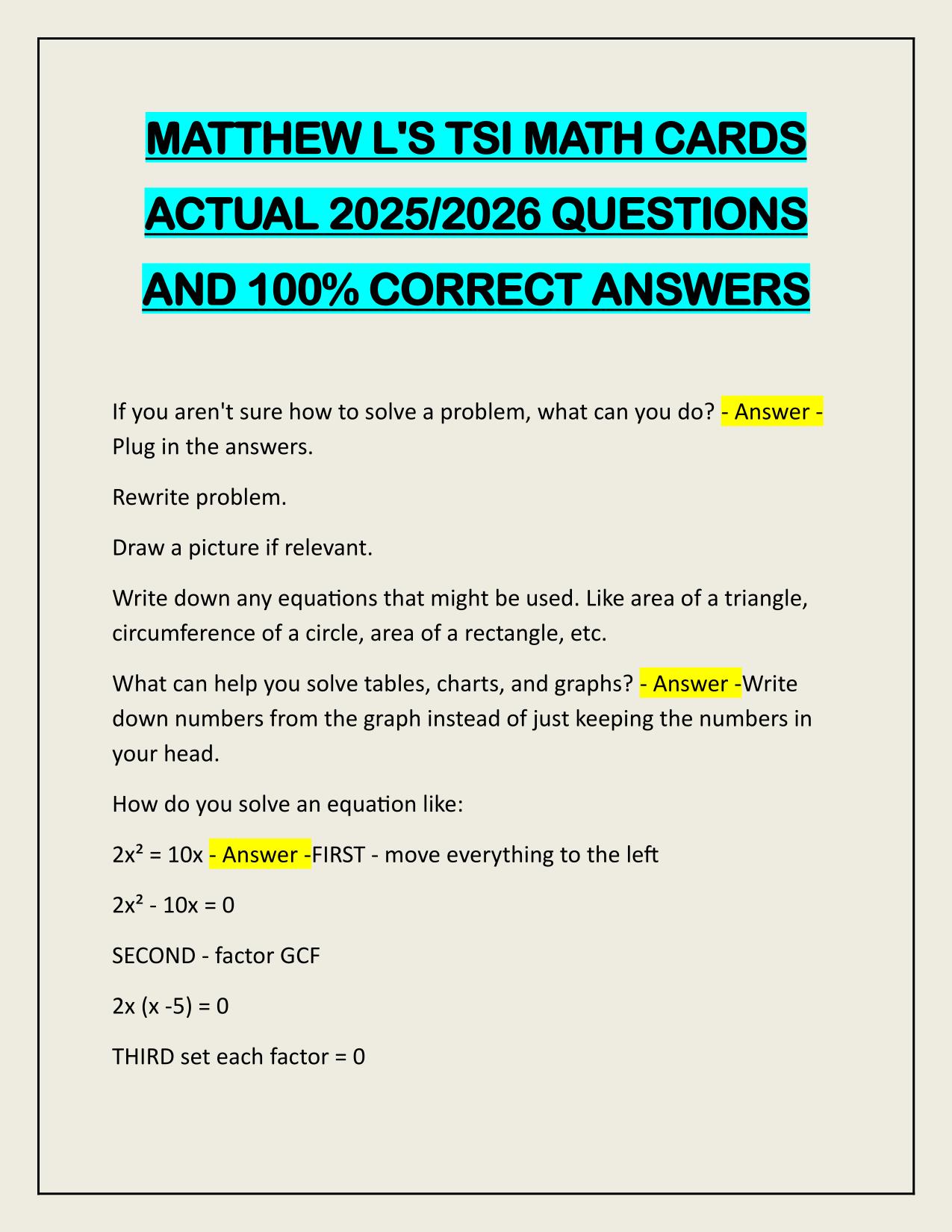 MATTHEW L'S TSI MATH CARDS ACTUAL 2025/2026 QUESTIONS AND 100% CORRECT ANSWERS