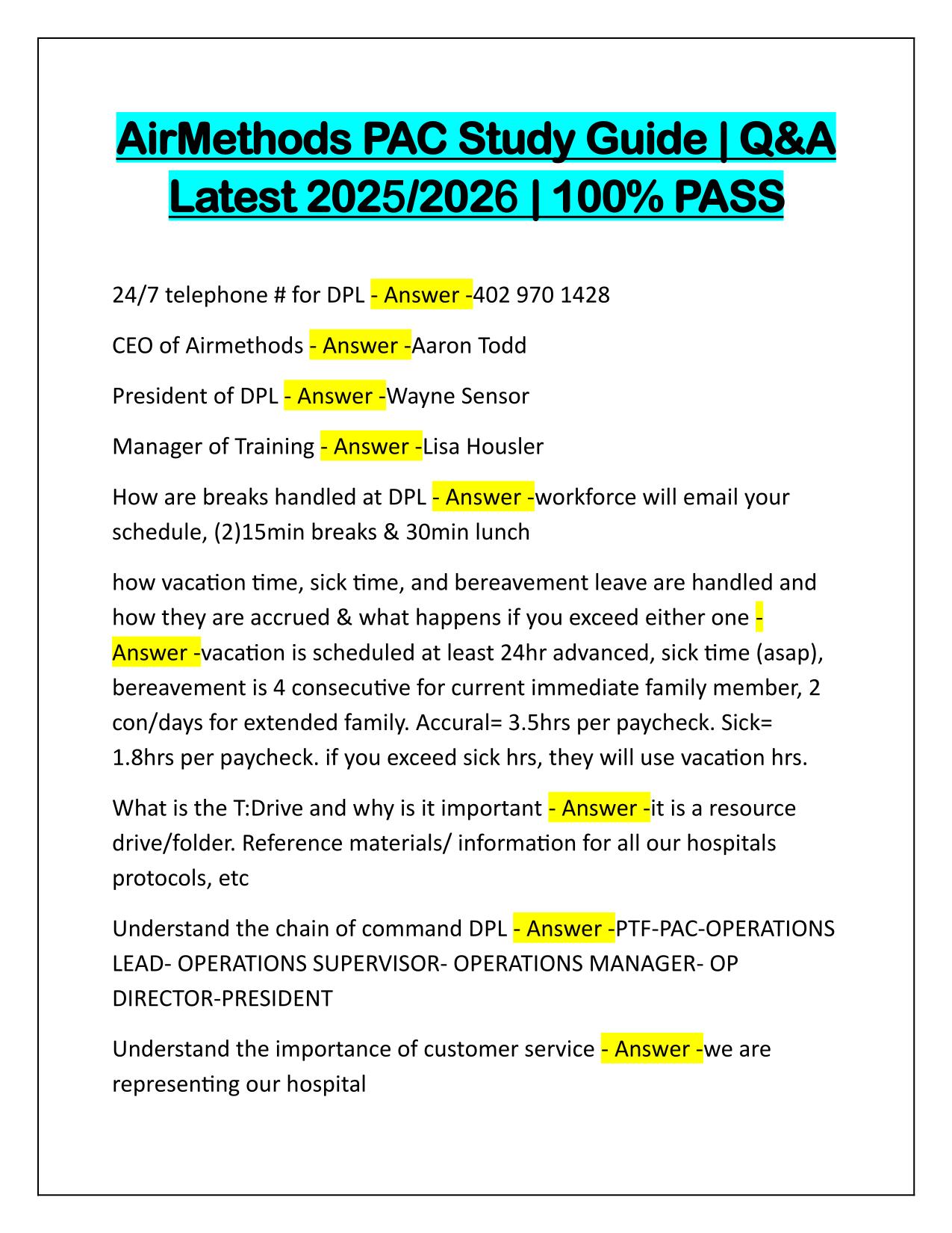 AirMethods PAC Study Guide Q&A Latest Update