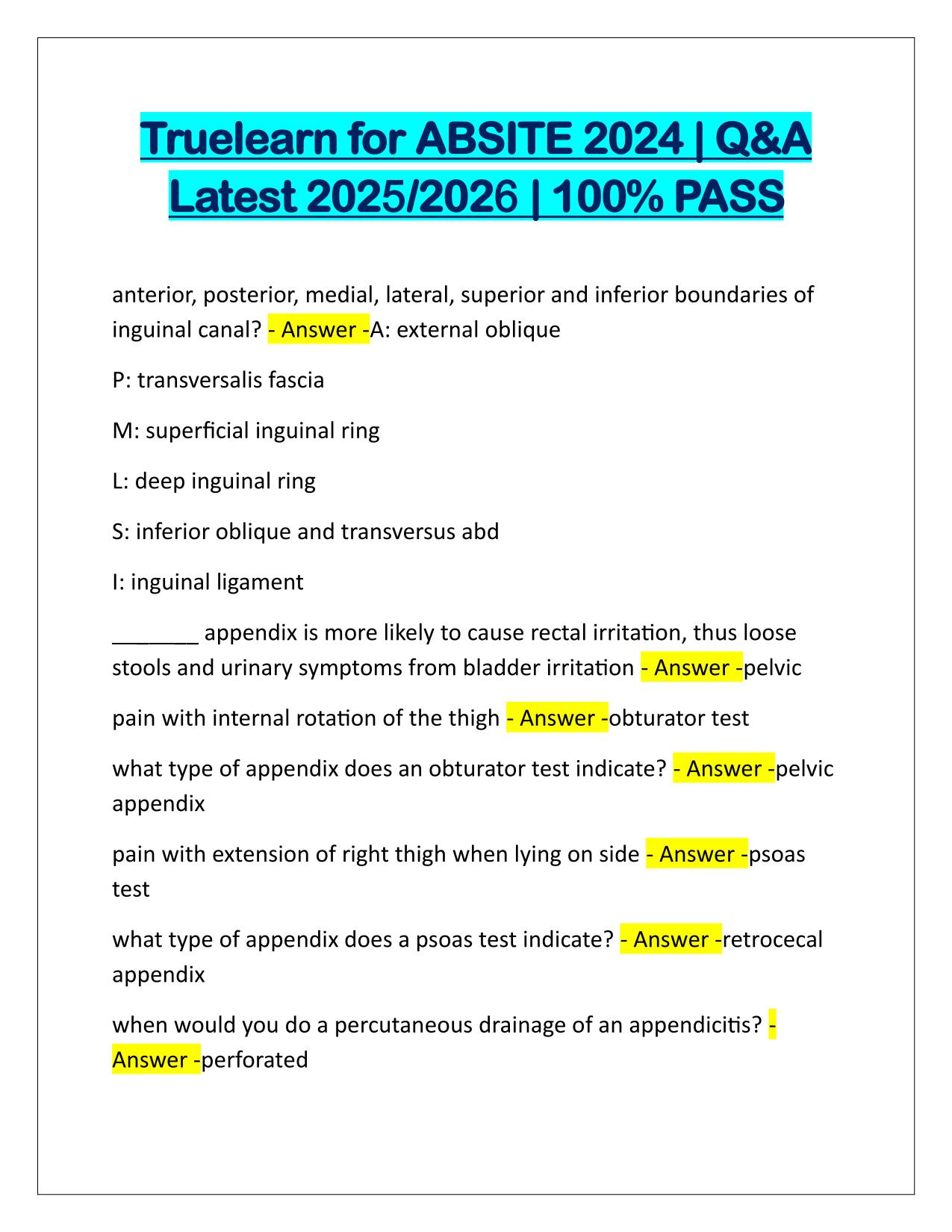 Truelearn for ABSITE 2025-2026 Q&A Latest Update