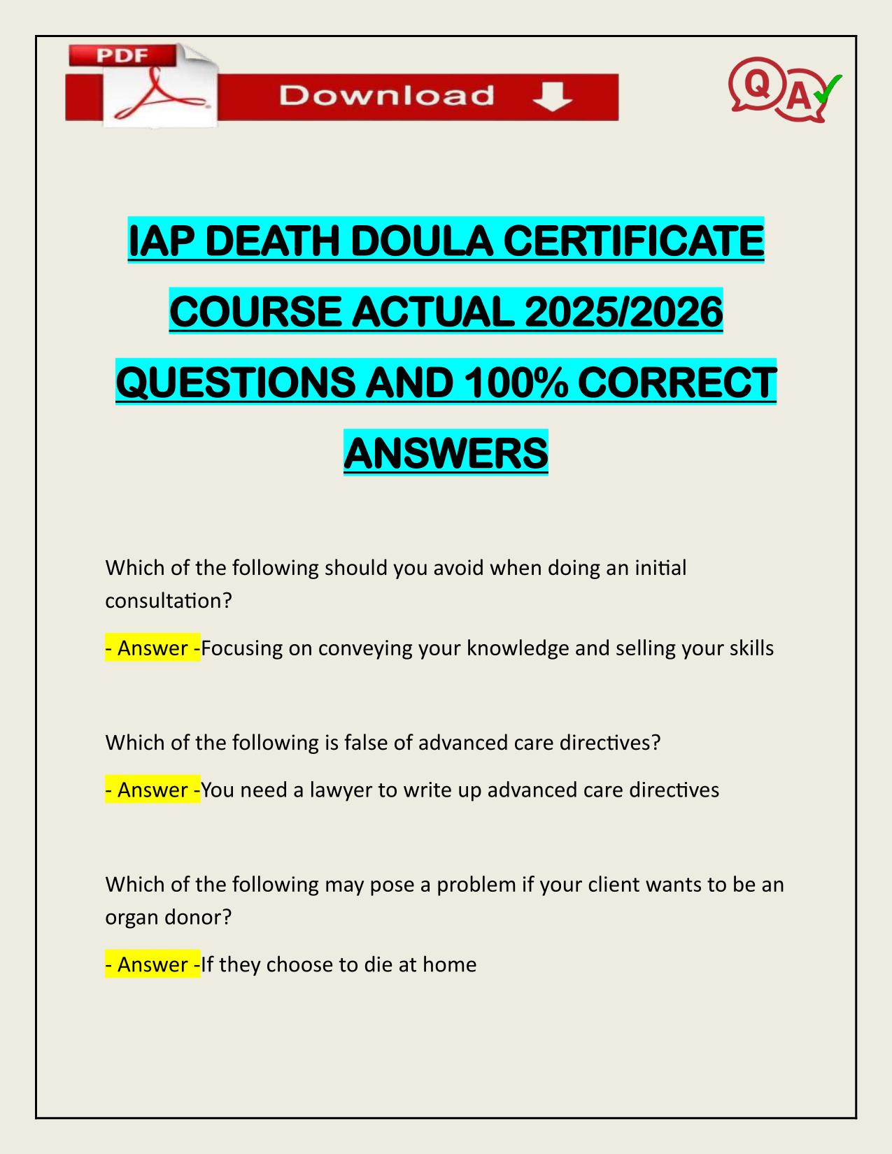 IAP DEATH DOULA CERTIFICATE COURSE ACTUAL 2025/2026 CORRECTLY ANSWERED