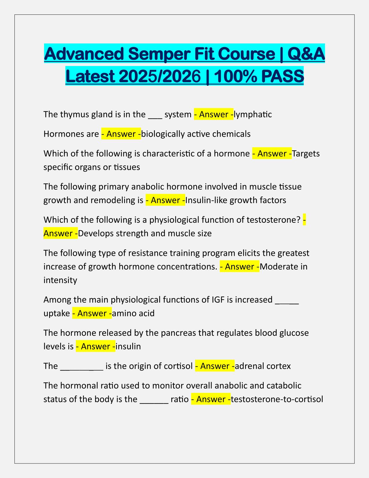 Advanced Semper Fit Course Correctly Answered Latest