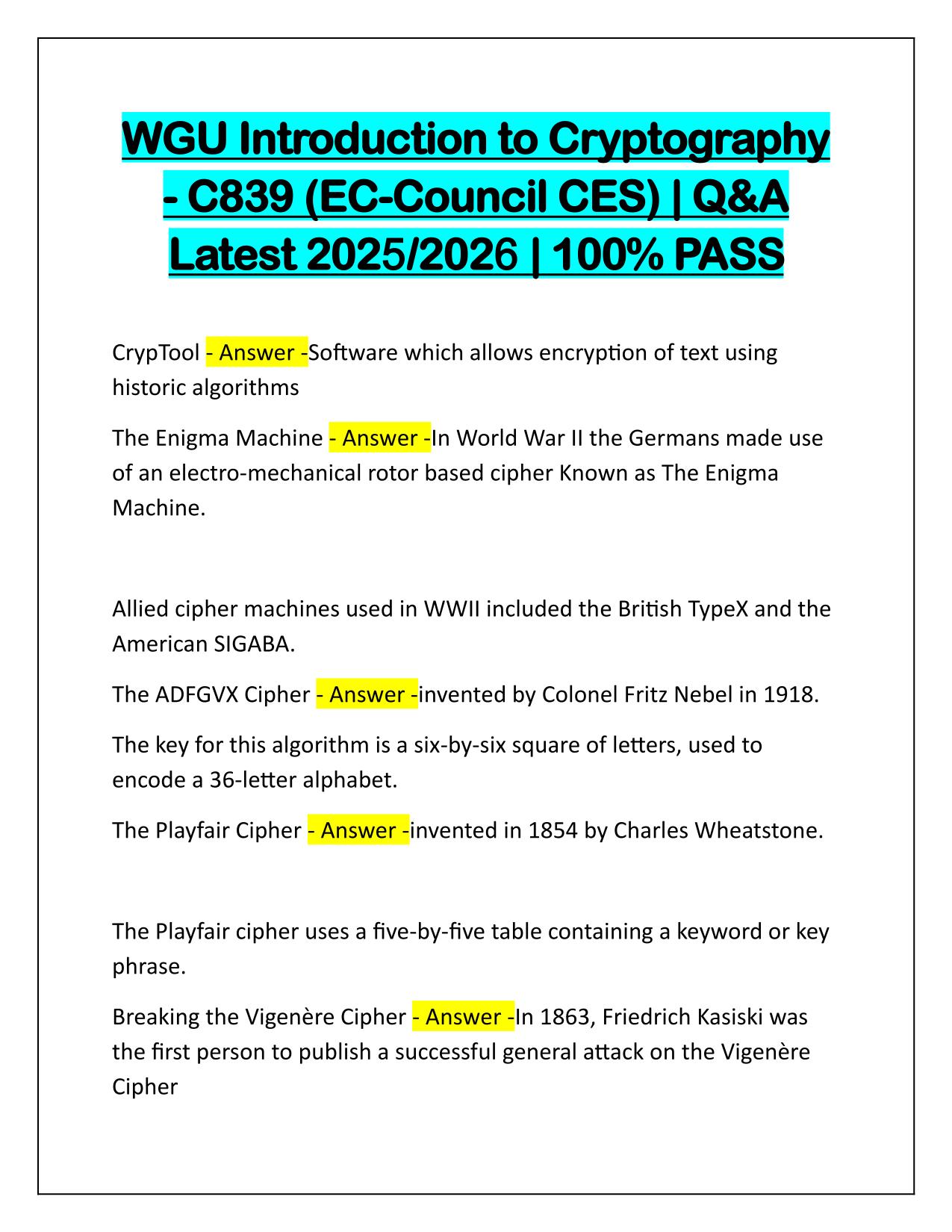WGU Introduction to Cryptography-C839 (EC-Council CES) Q&A Latest Update 2025