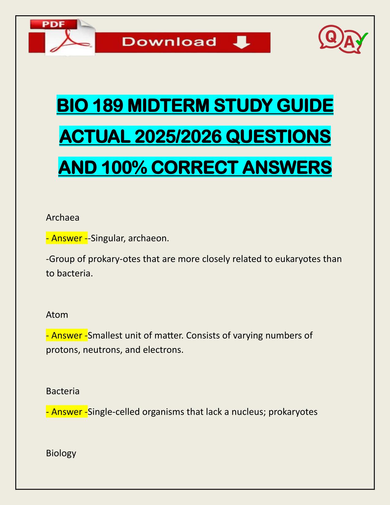 BUNDLE FOR BIO 189 EXAMS ACTUAL 2025/2026
