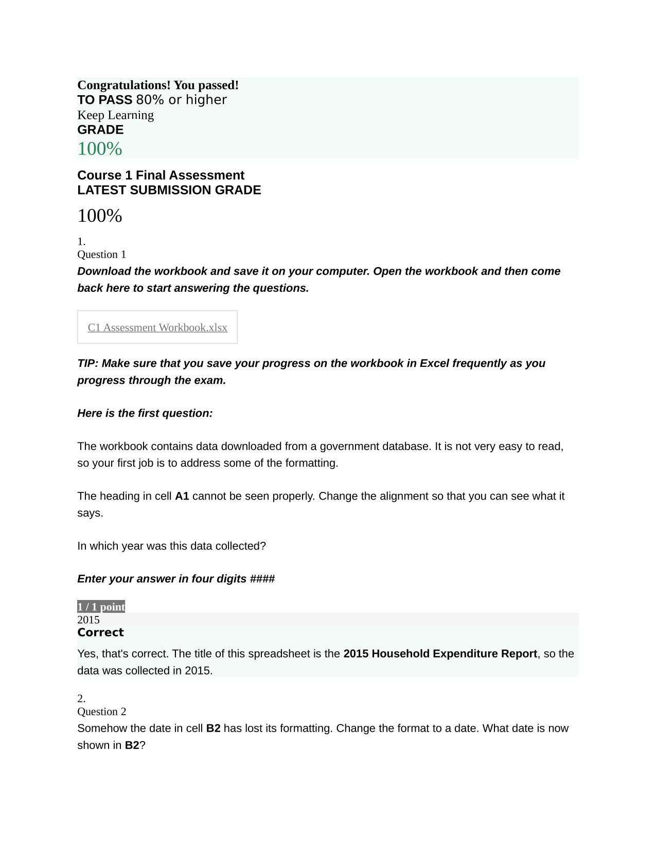 excel Course 1 Final Assessment LATEST SUBMISSION GRADE 100%