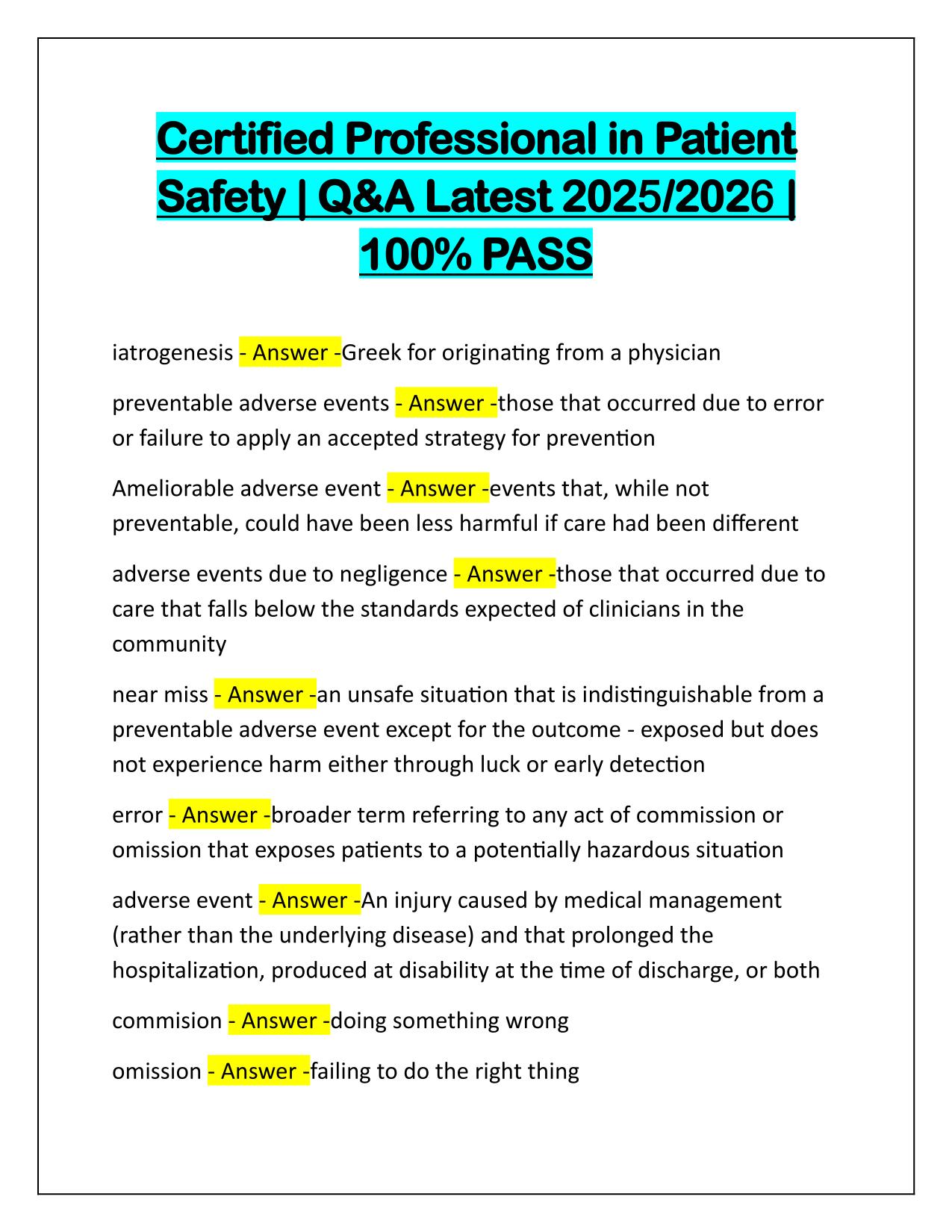 Certified Professional in Patient Safety Q&A Latest Update