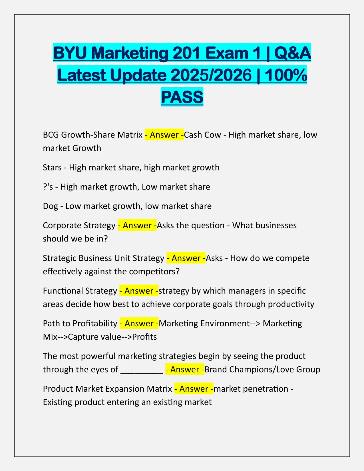 BYU Marketing 201 Exam 1 Q&A Latest Update