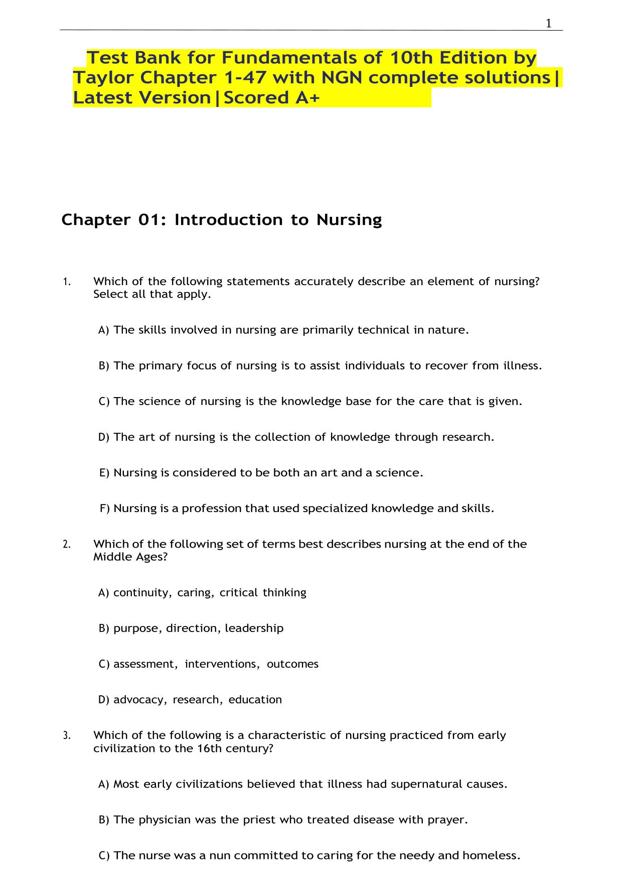 TEST BANK FOR FUNDAMENTALS OF NURSING 10TH EDITION BY CAROL TAYLOR, PAMELA LYNN, ISBN: 9781975168155
