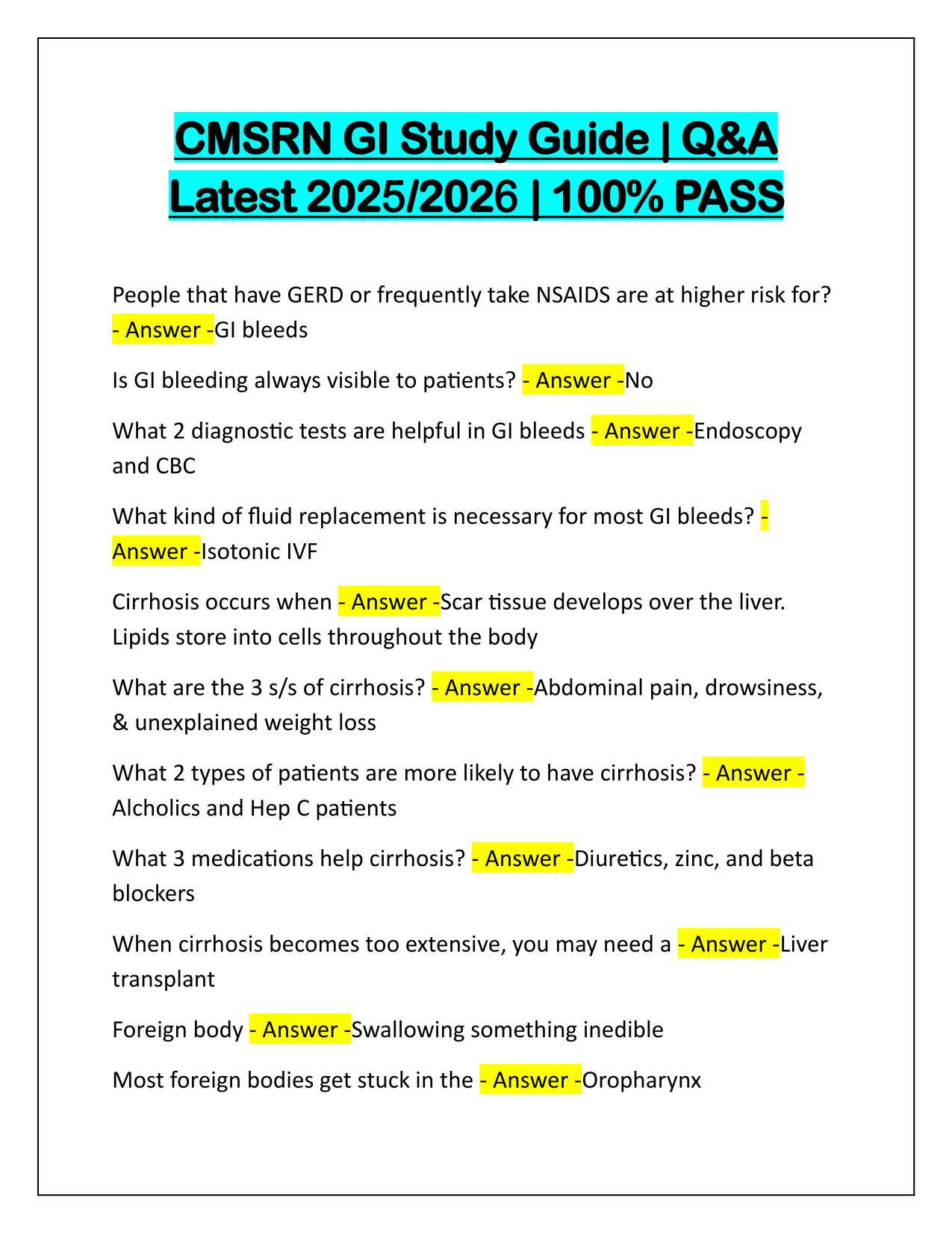 CMSRN GI Study Guide Correctly Answered Latest Update