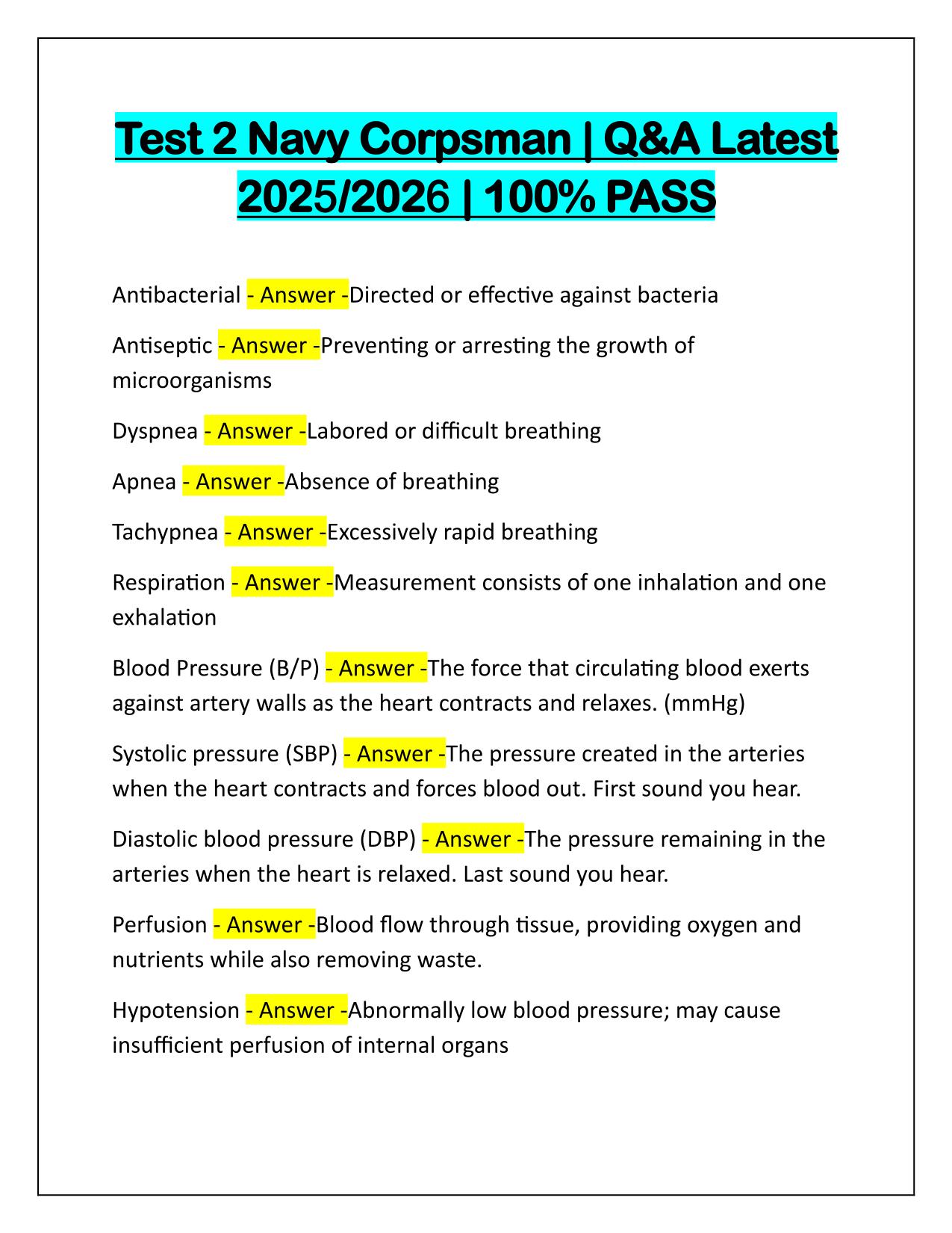 Test 2 Navy Corpsman Q&A Latest Update 2025