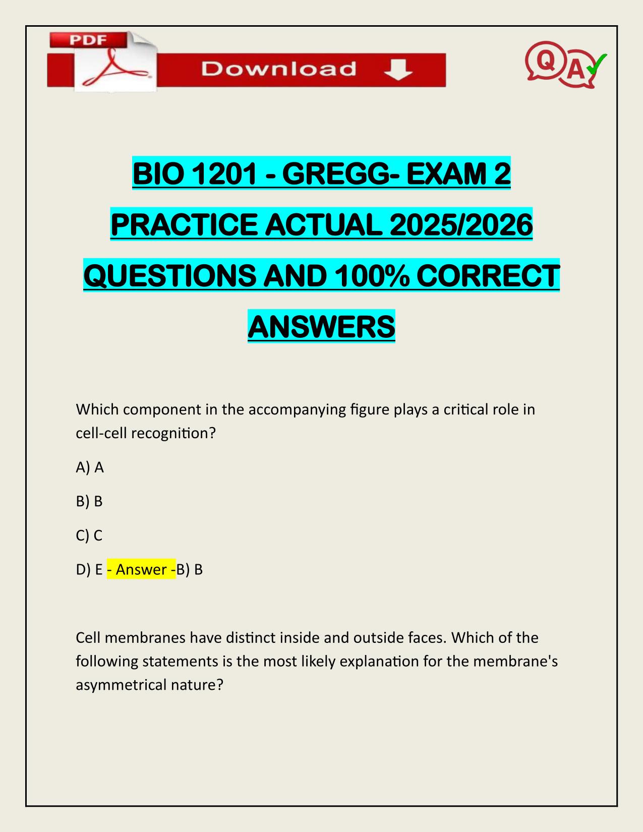 BIO 1201 - GREGG- EXAM 2 PRACTICE ACTUAL 2025/2026 WITH VERIFIED ANSWERS