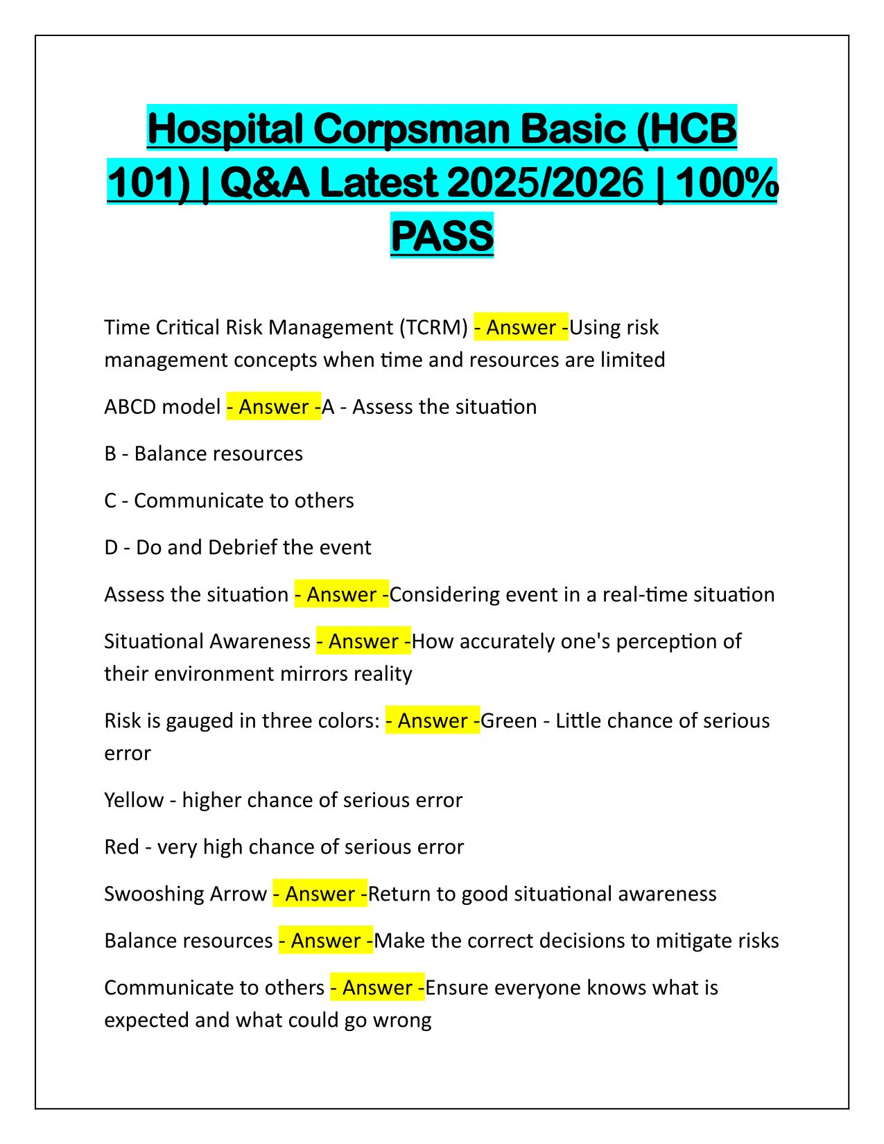 Hospital Corpsman Basic (HCB 101) Q&A Latest Update
