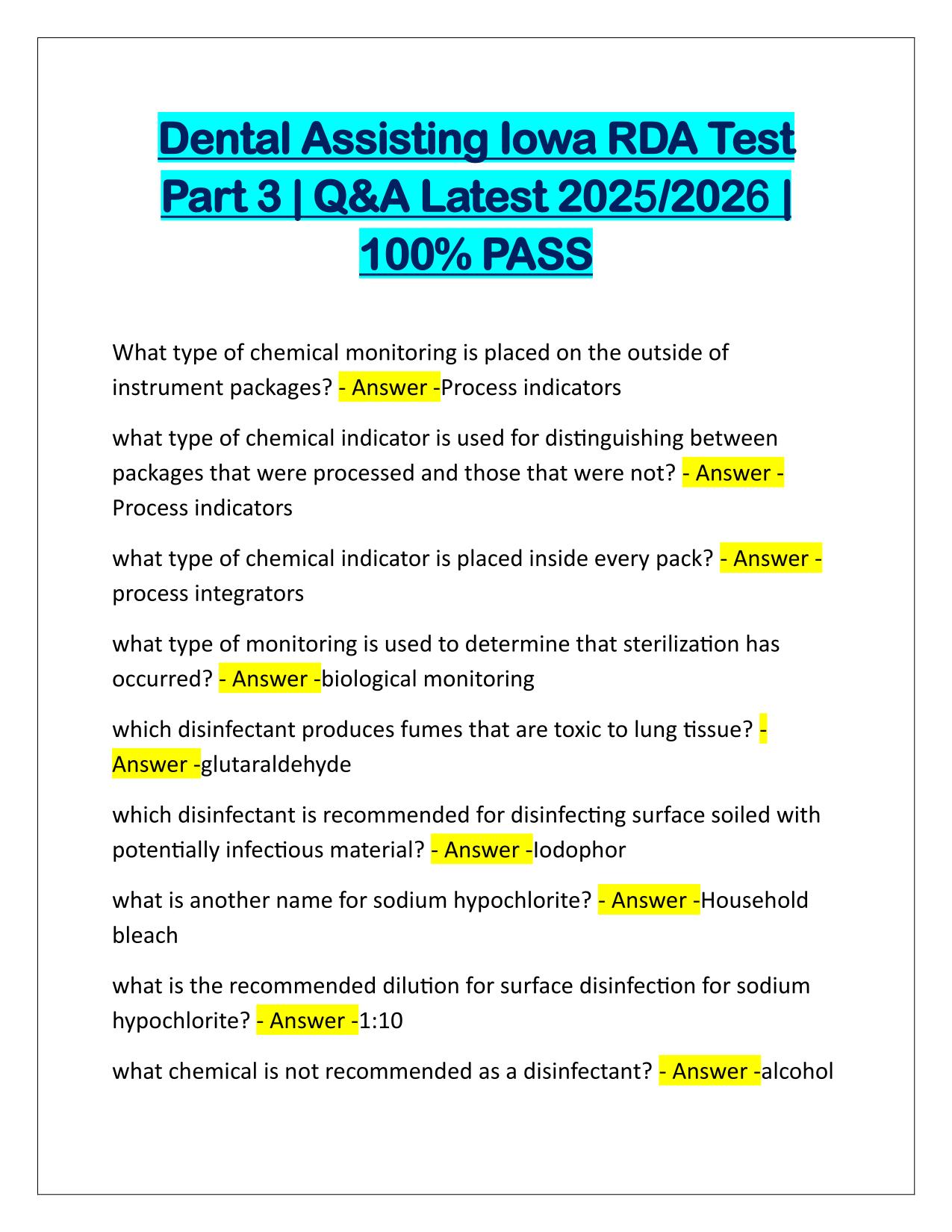 Dental Assisting Iowa RDA Test Part 3 Q&A Latest Update