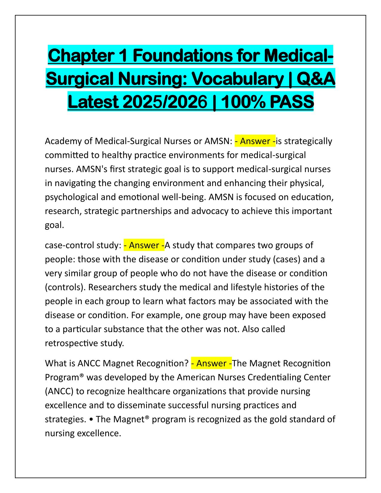 Chapter 1 Foundations for Medical Surgical Nursing Vocabulary Q&A Latest Update