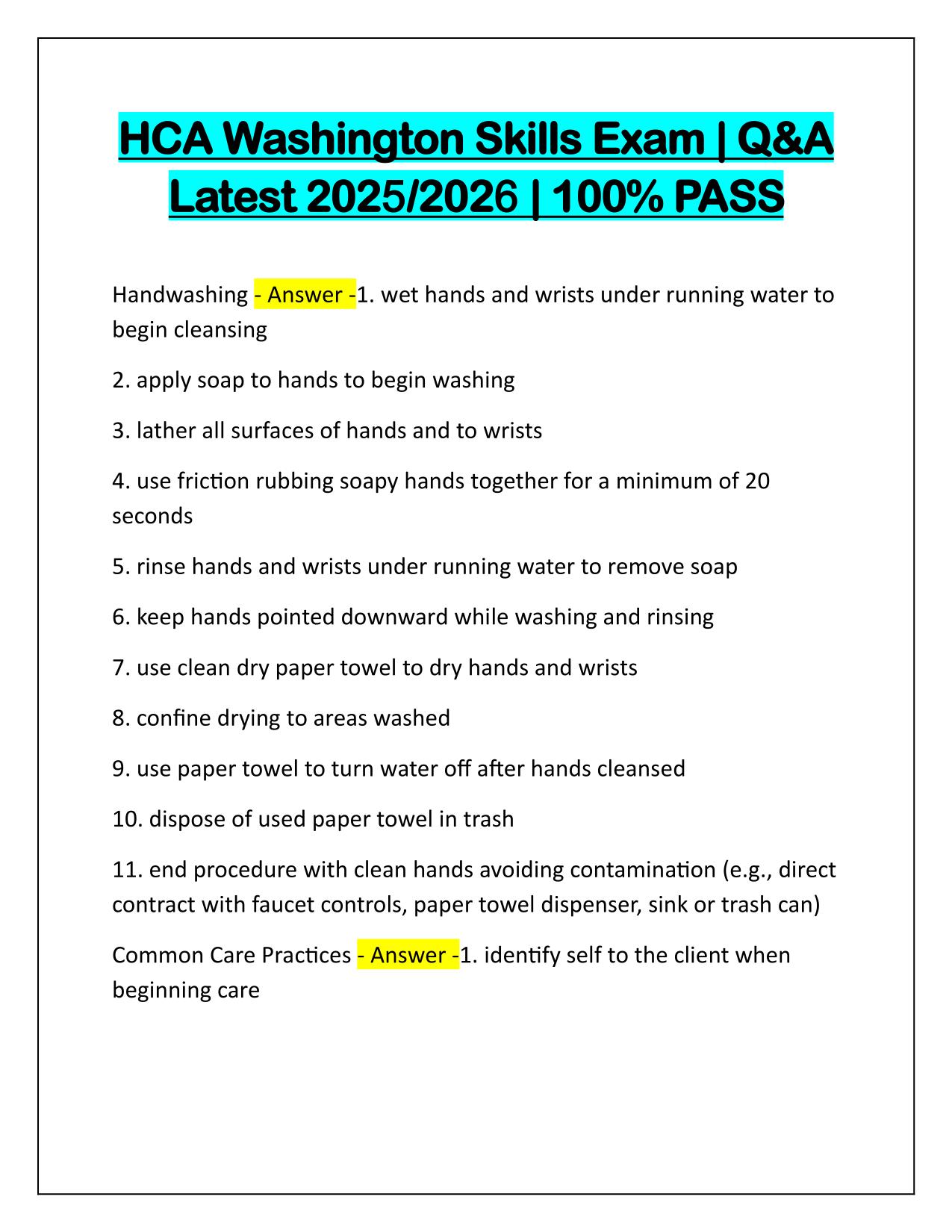 HCA Washington Skills Exam Correctly Answered Latest Update