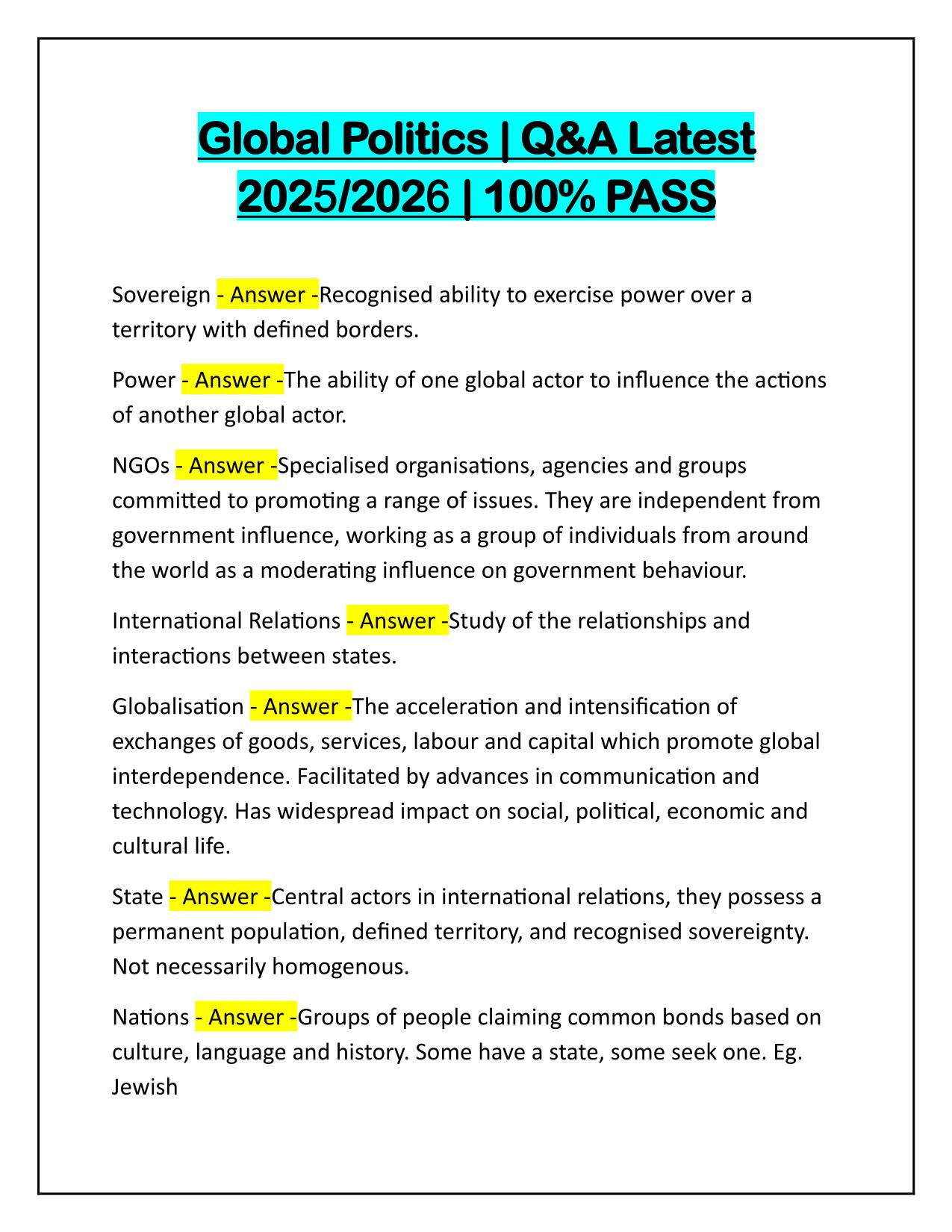 Global Politics Questions and Correct Answers Latest Update