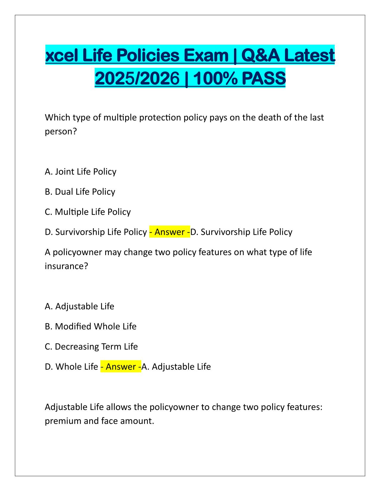 xcel Life Policies Exam Q&A Latest Update