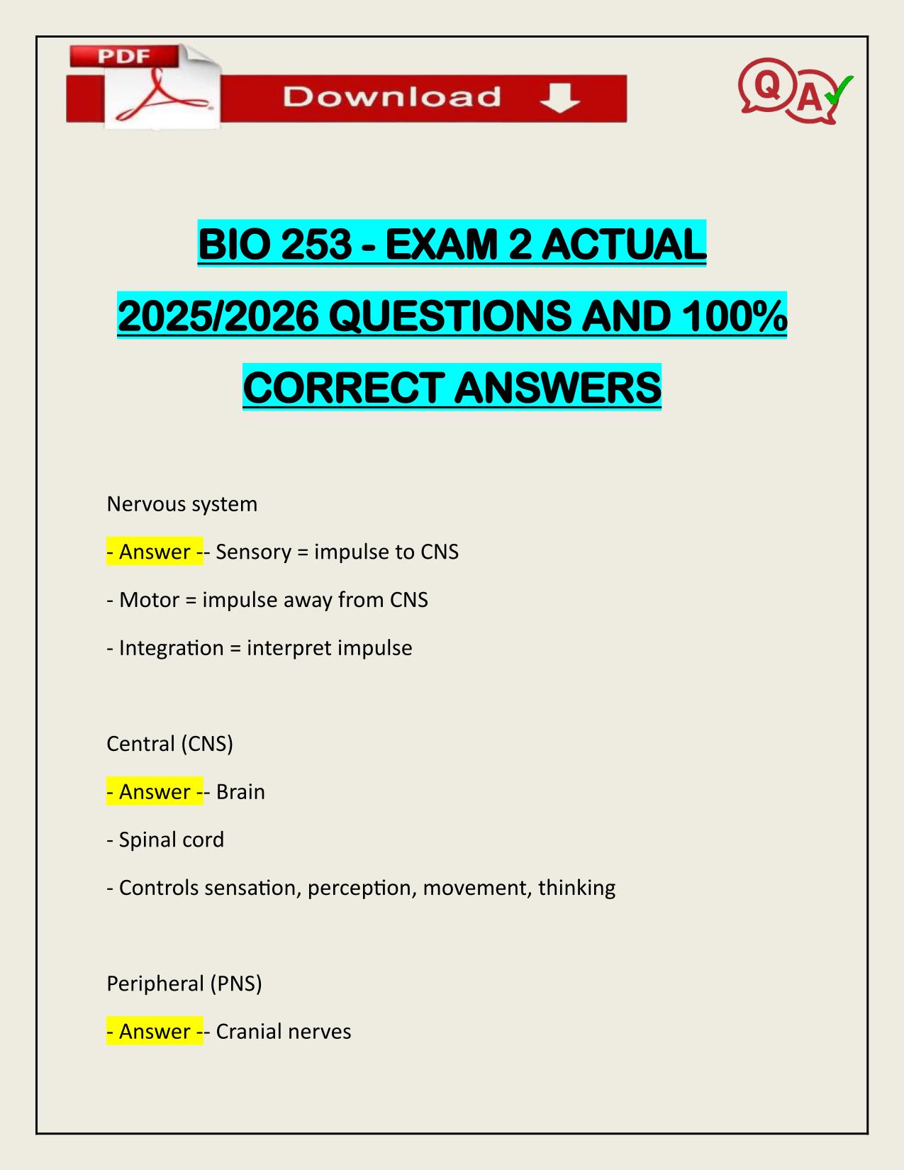 BIO 253 - EXAM 2 ACTUAL 2025/2026 QUESTIONS AND 100% CORRECT ANSWERS