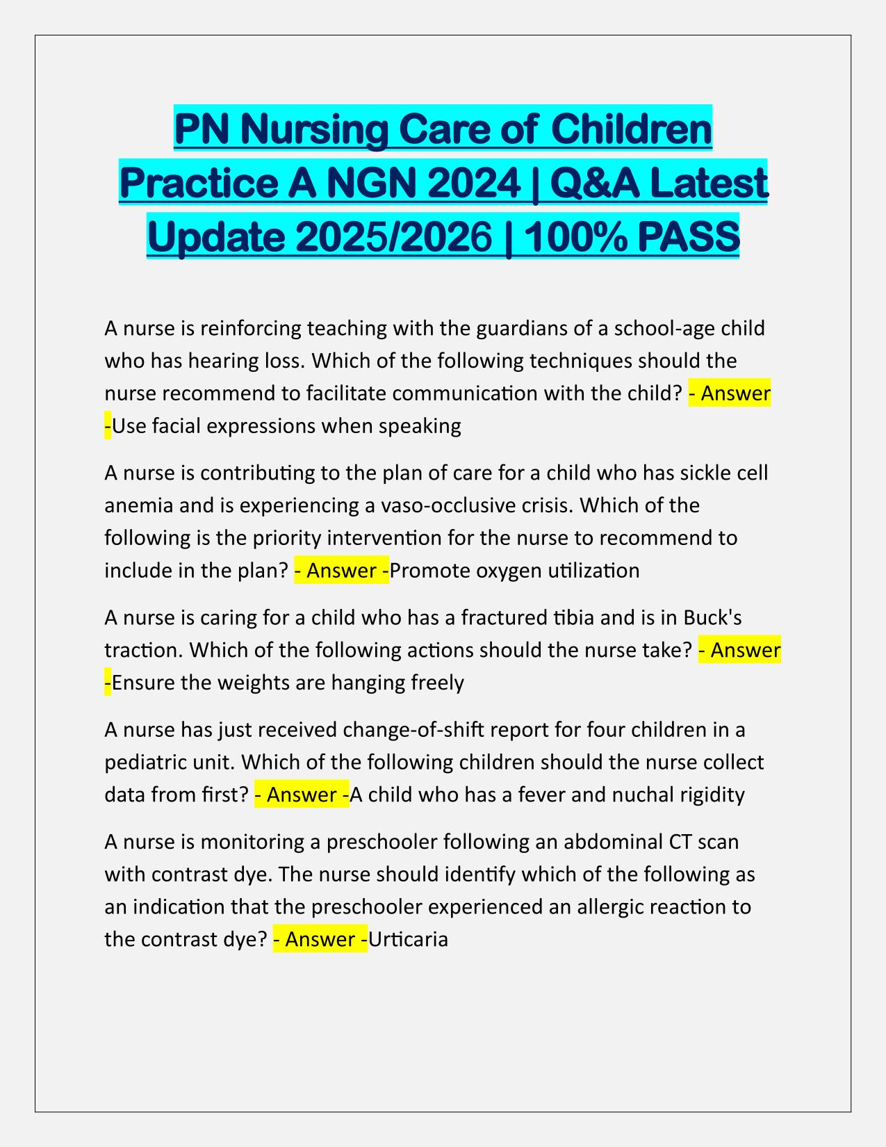 PN Nursing Care of Children Practice A NGN 2025 Q&A Latest Update