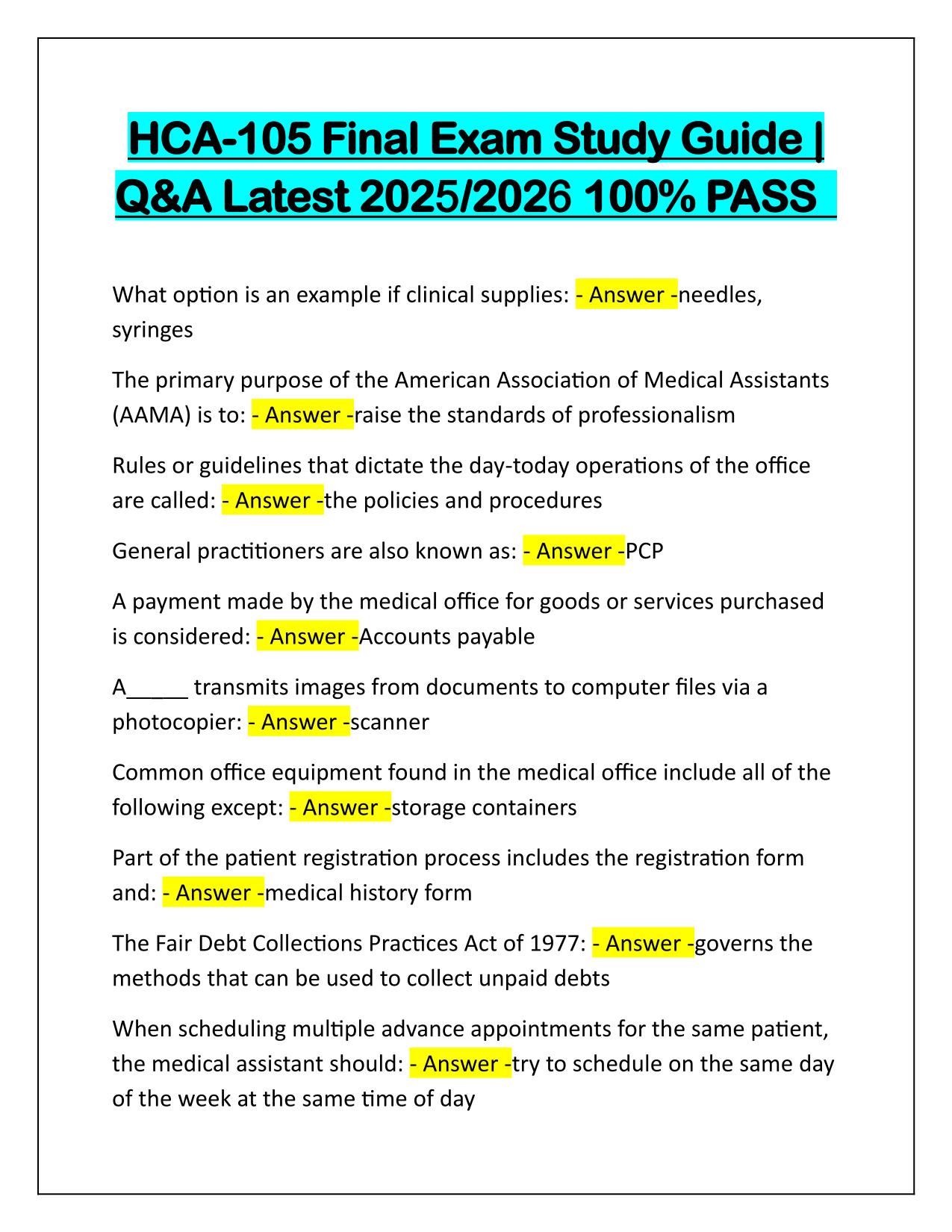 HCA-105 Final Exam Study Guide Q&A Latest Update