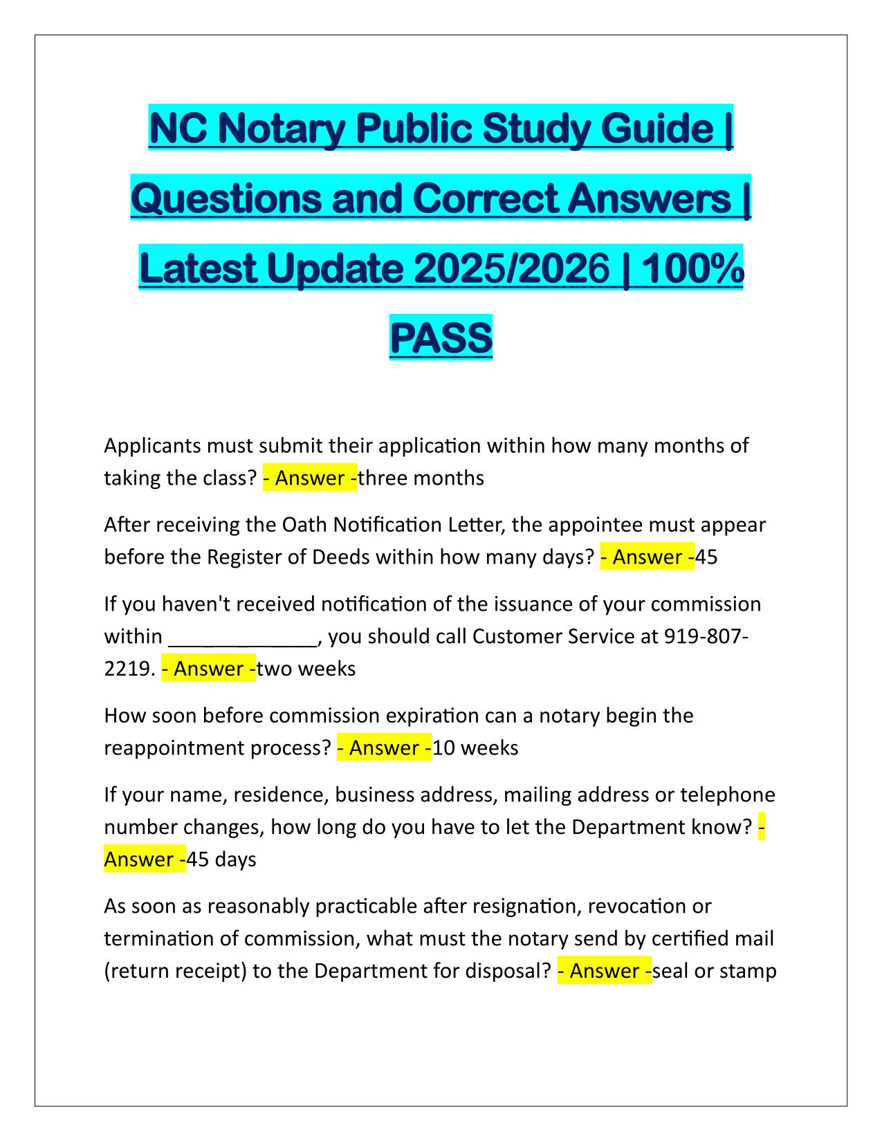 Package Deal for NC Notary Study Guide Q&A Latest