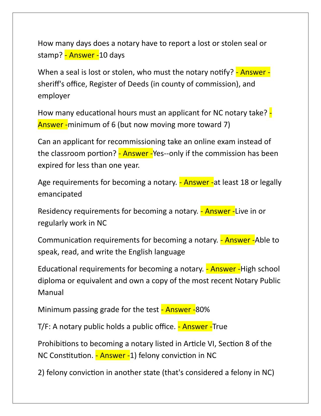NC Notary Public Study Guide Correctly Answered