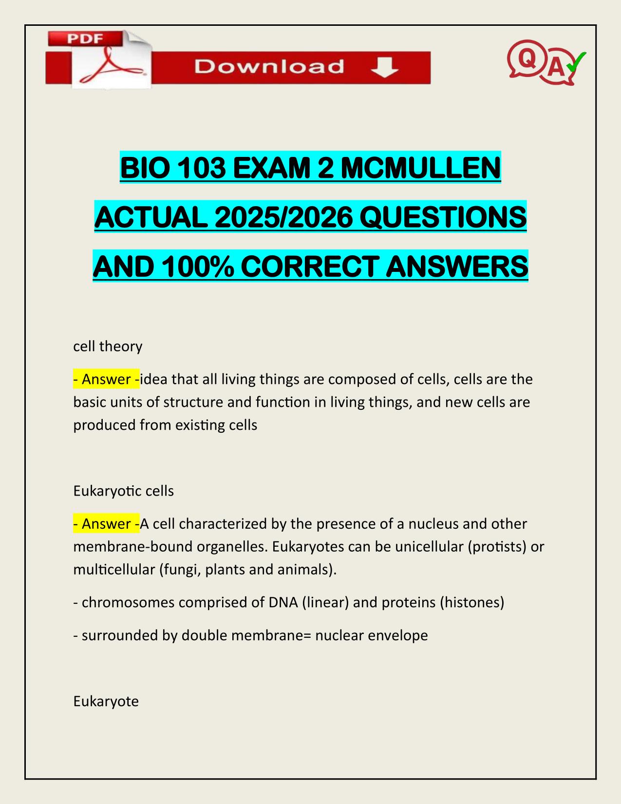 BIO 103 EXAM 2 MCMULLEN ACTUAL 2025/2026 UPDATED