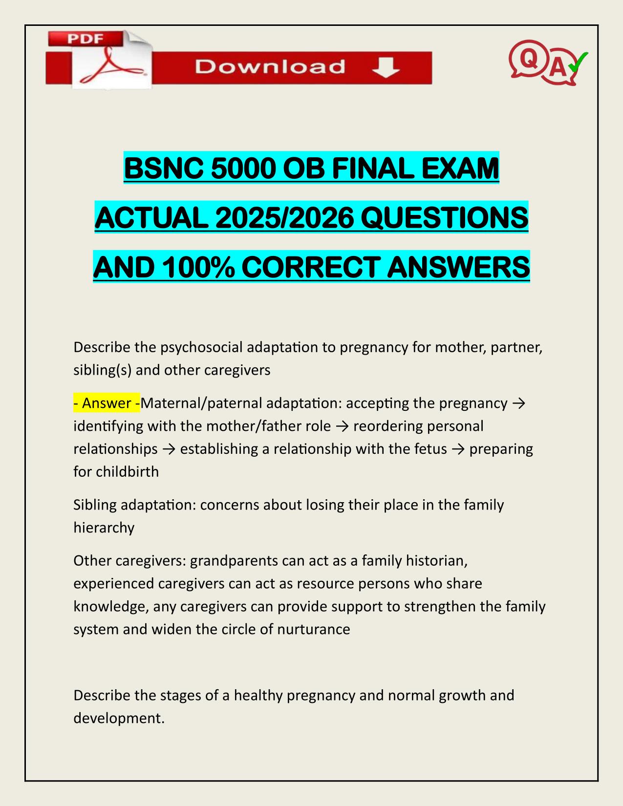 BSNC 5000 OB FINAL EXAM ACTUAL 2025/2026 QUESTIONS AND 100% CORRECT ANSWERS
