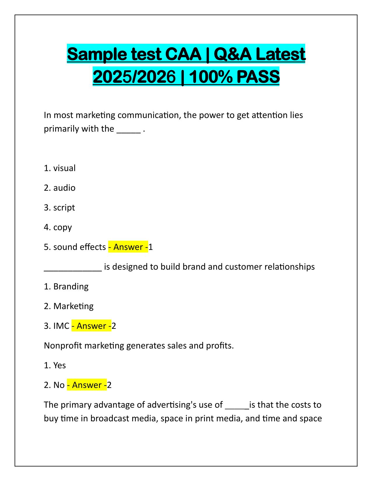 Sample test CAA Questions and Correct Answers Latest Update