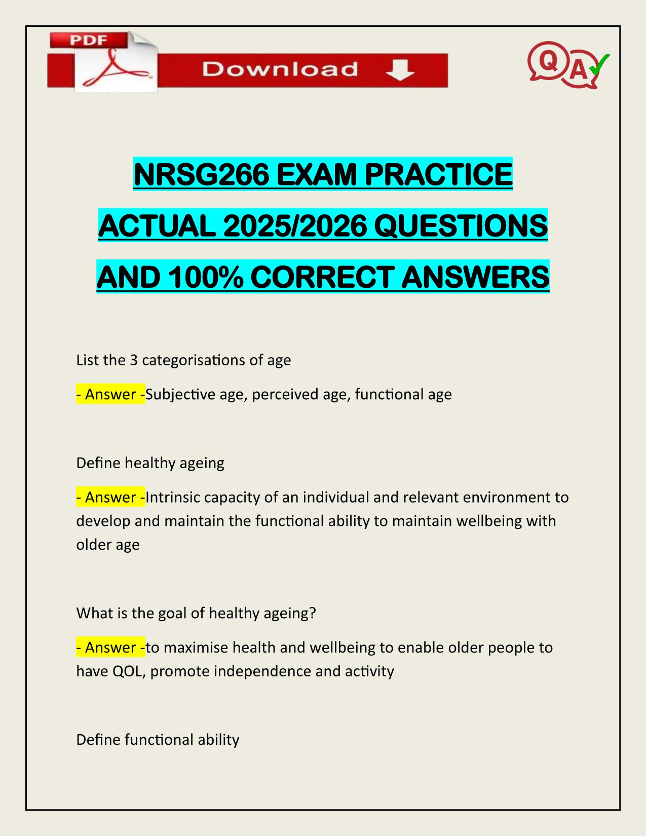 NRSG266 EXAM PRACTICE ACTUAL 2025/2026 CORRECTLY ANSWERED