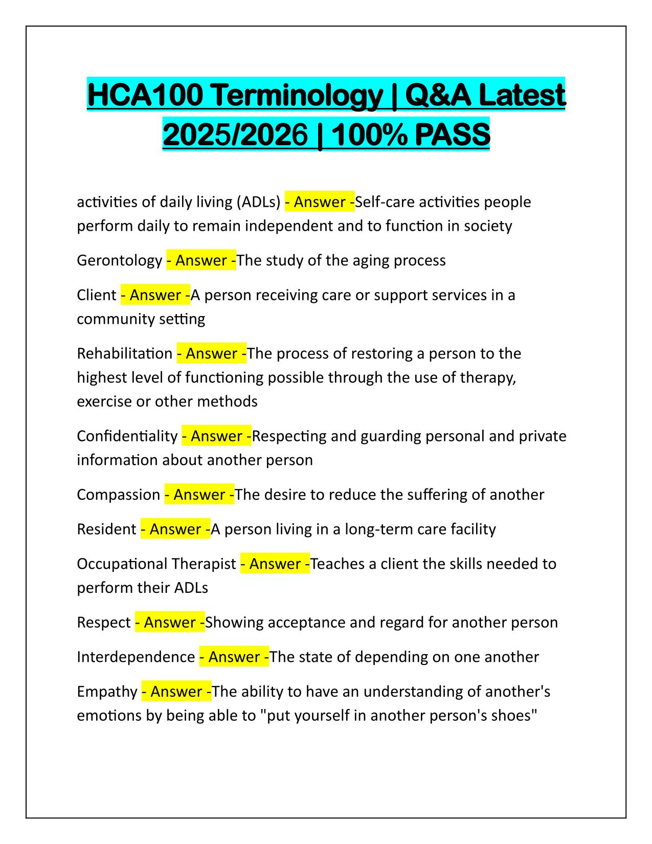 HCA100 Terminology Q&A Latest Update 2025