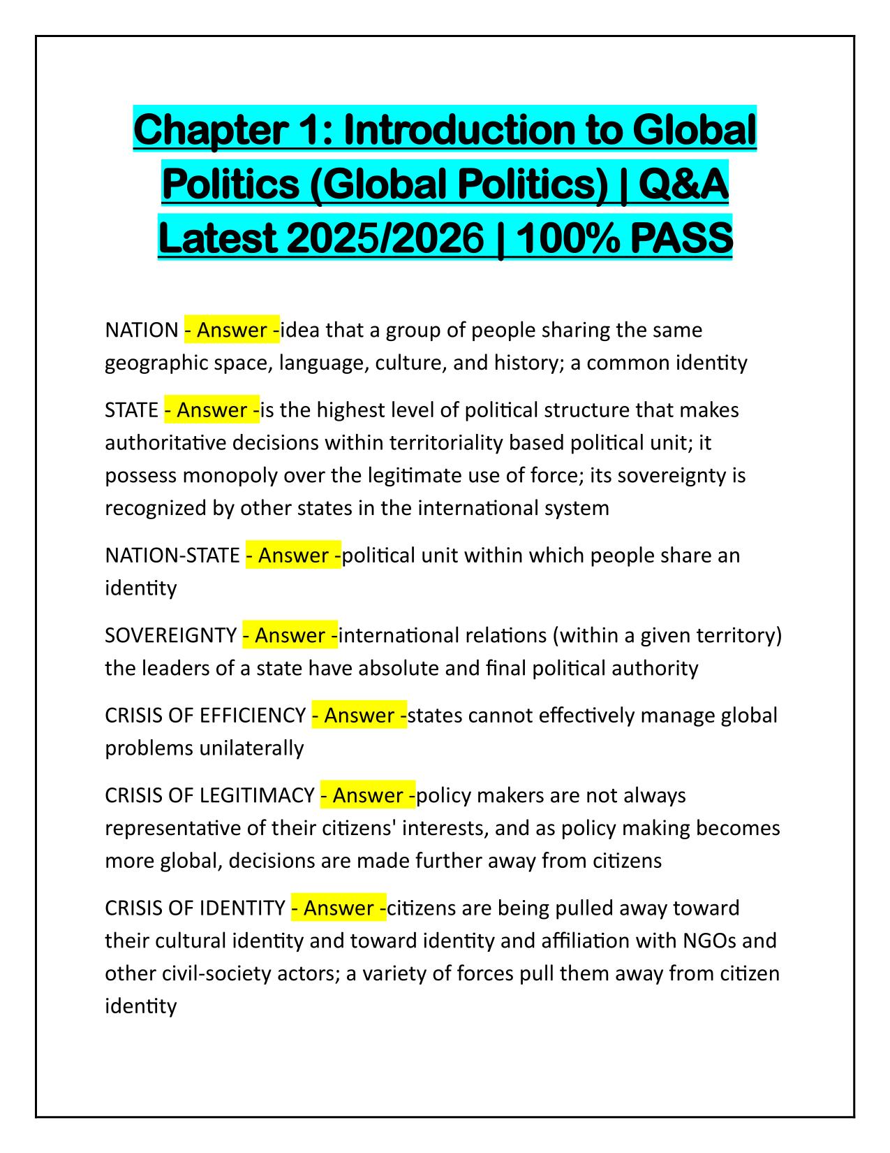 Chapter 1-Introduction to Global Politics Q&A Latest Update