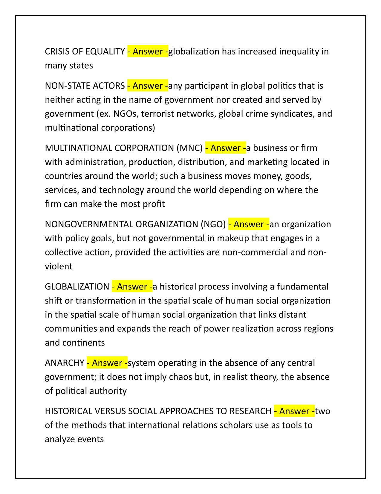 Chapter 1-Introduction to Global Politics Q&A Latest Update