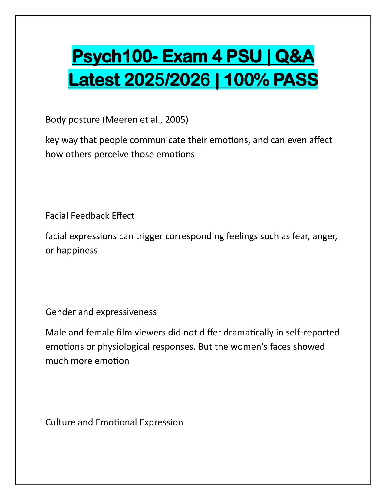 Psych100-Exam 4 PSU Correctly Answered Latest Update