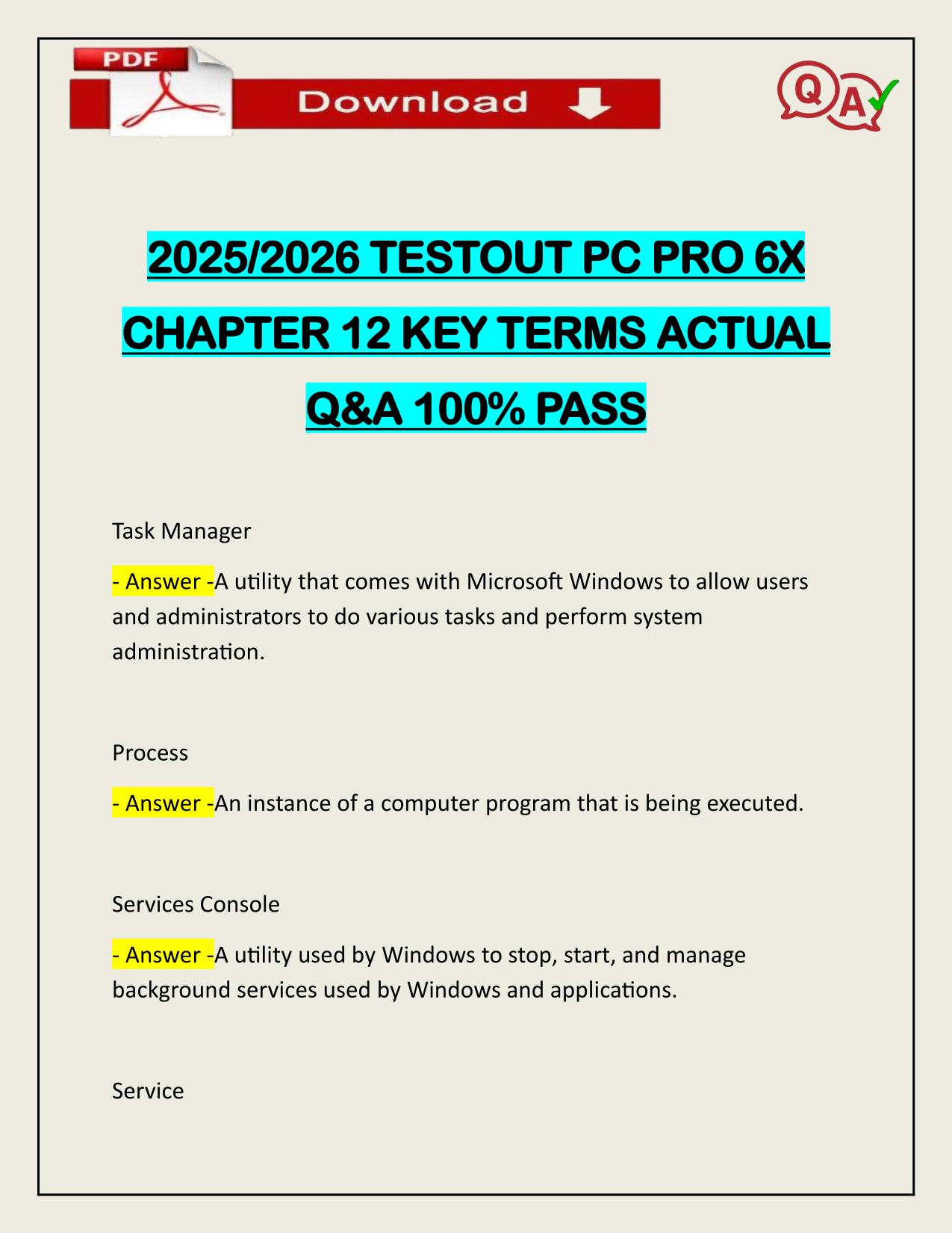2025/2026 TESTOUT PC PRO 6X CHAPTER 12 KEY TERMS ACTUAL Q&A 100% PASS