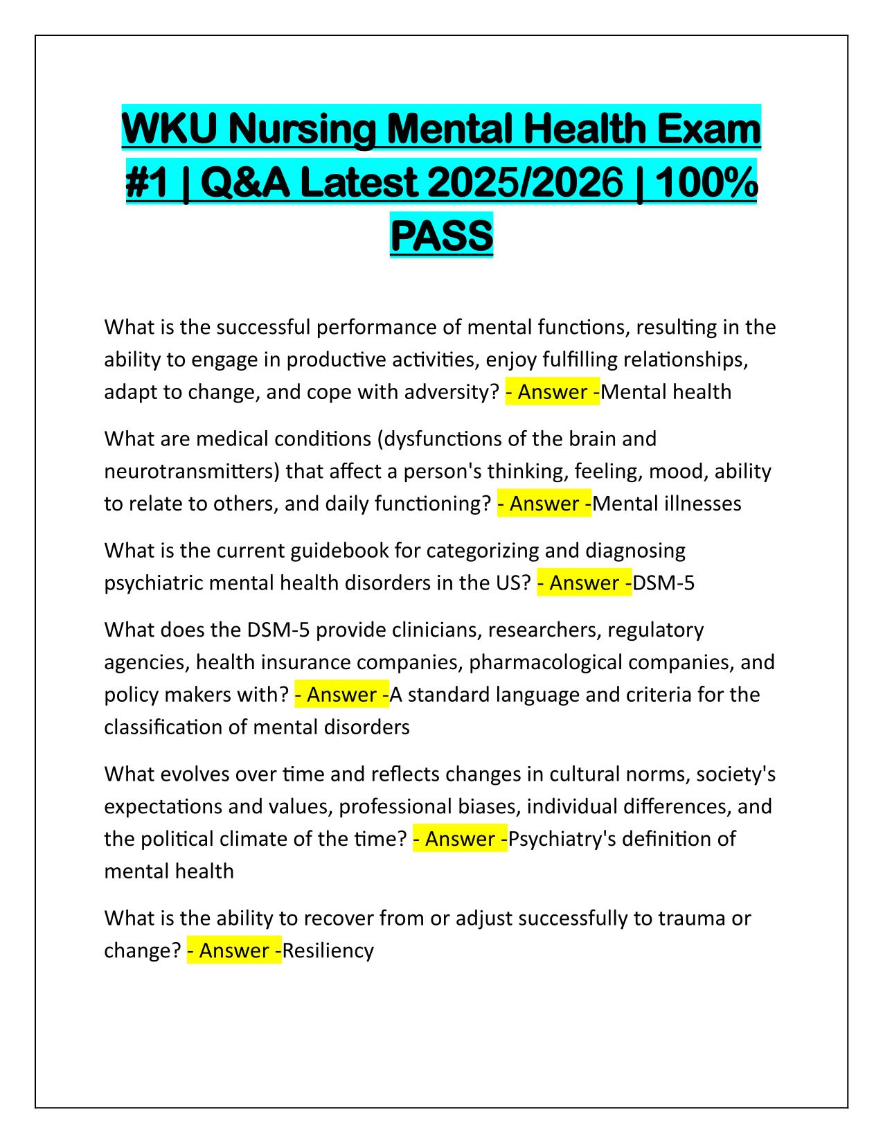 WKU Nursing Mental Health Exam #1 Questions and Correct Answers 2025-2026
