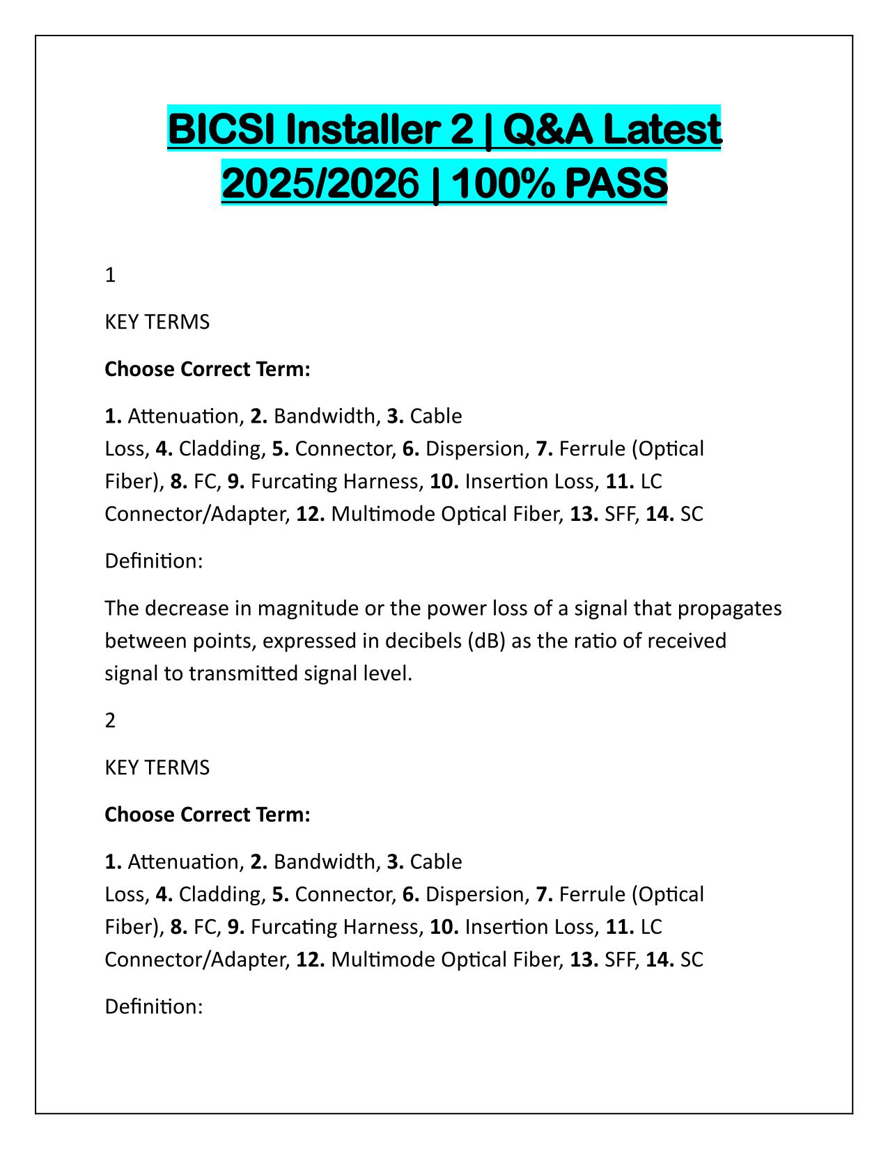 BICSI Installer 2 Exam Q&A Latest Update