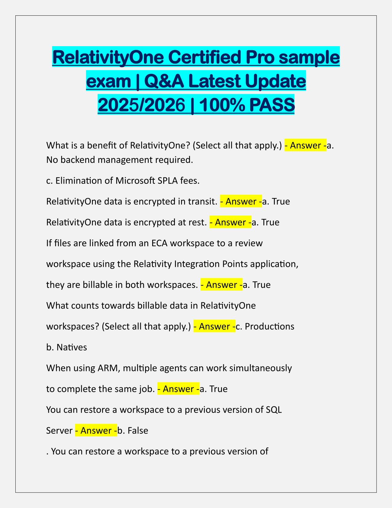 RelativityOne Certified Pro sample exam Q&A Latest Update