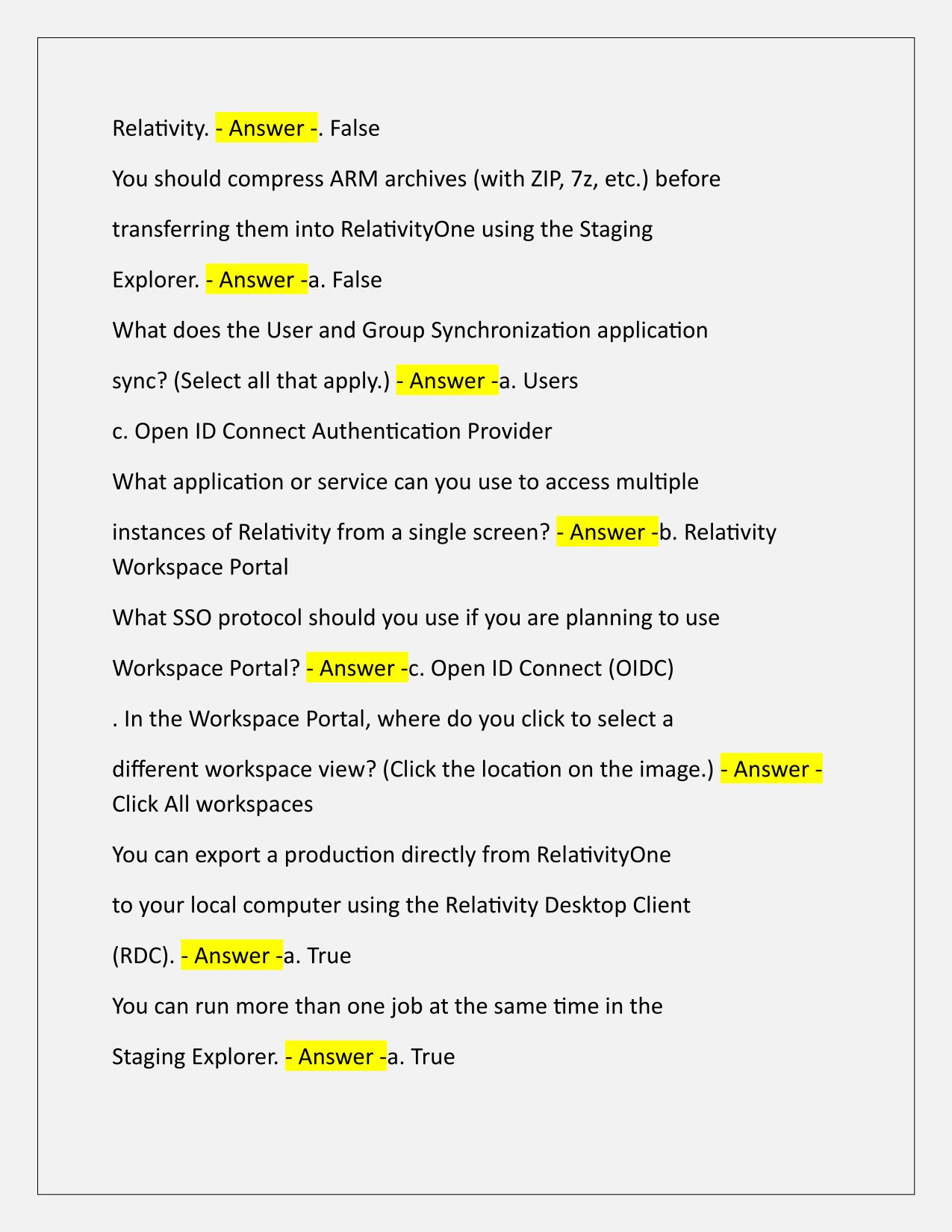 RelativityOne Certified Pro sample exam Q&A Latest Update