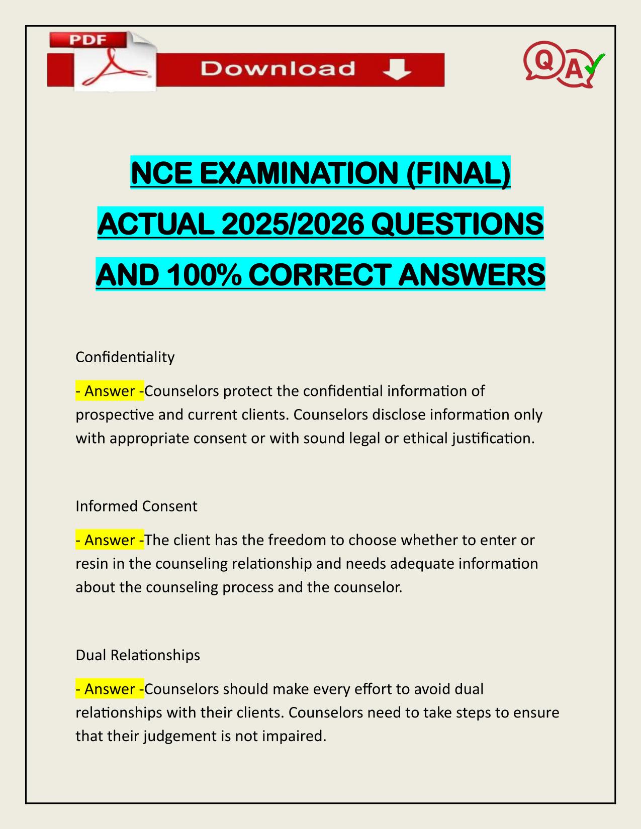 NCE EXAMINATION (FINAL) ACTUAL 2025/2026 WITH CORRECT ANSWERS