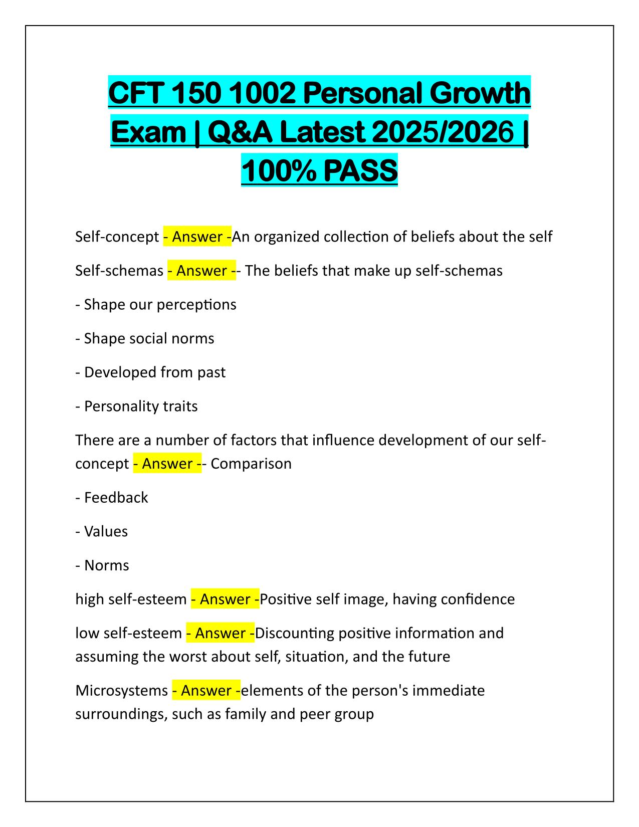 CFT 150 1002 Personal Growth Exam Q&A Latest Update
