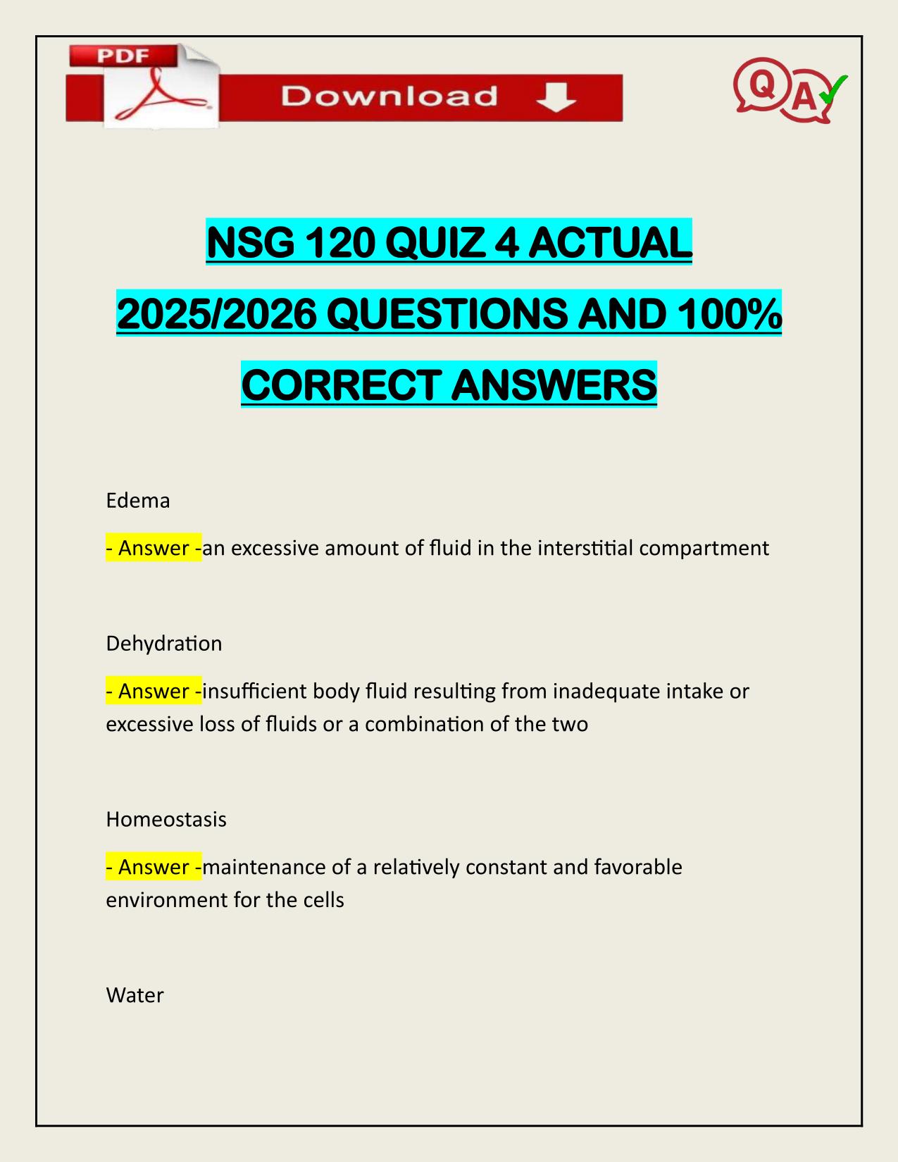 NSG 120 QUIZ 4 ACTUAL 2025/2026 WITH VERIFIED ANSWERS