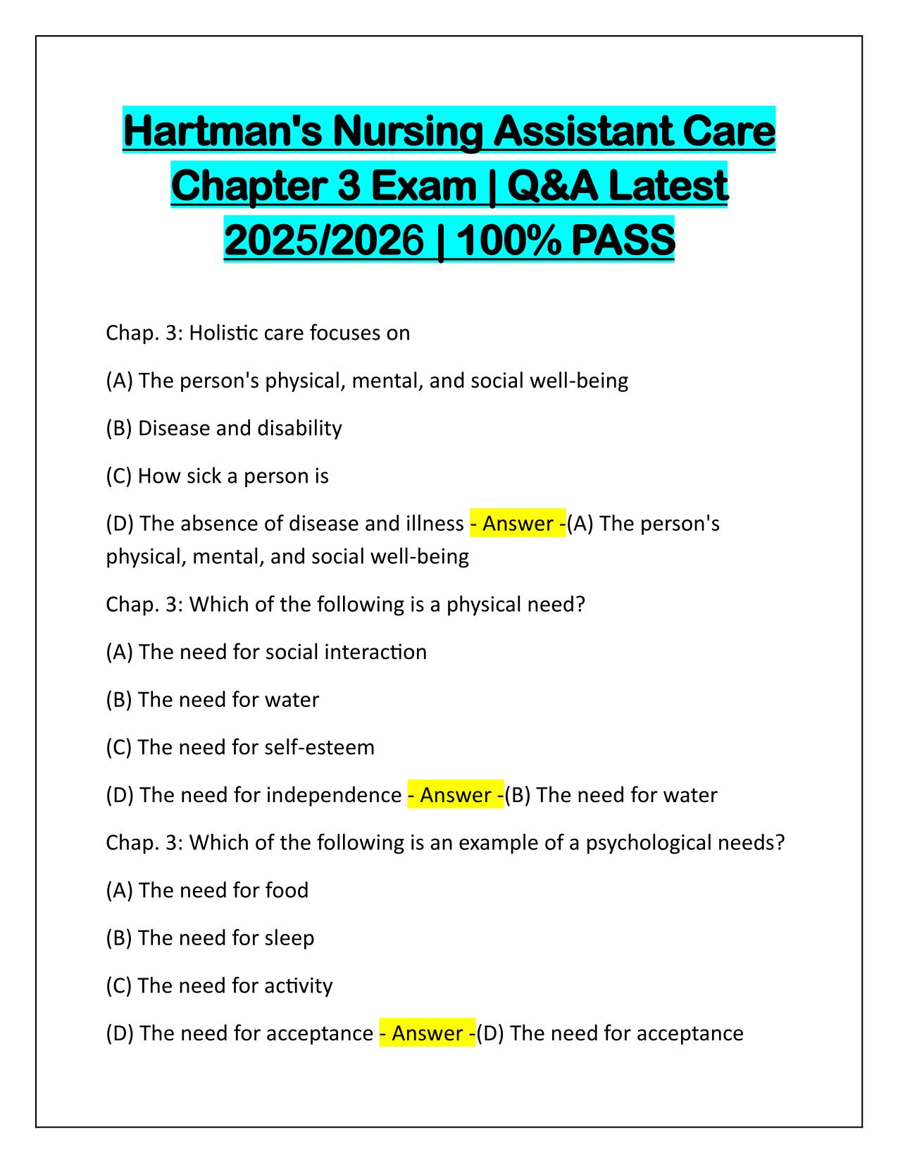 Hartmans Nursing Assistant Care Chapter 3 Exam Q&A Latest Update