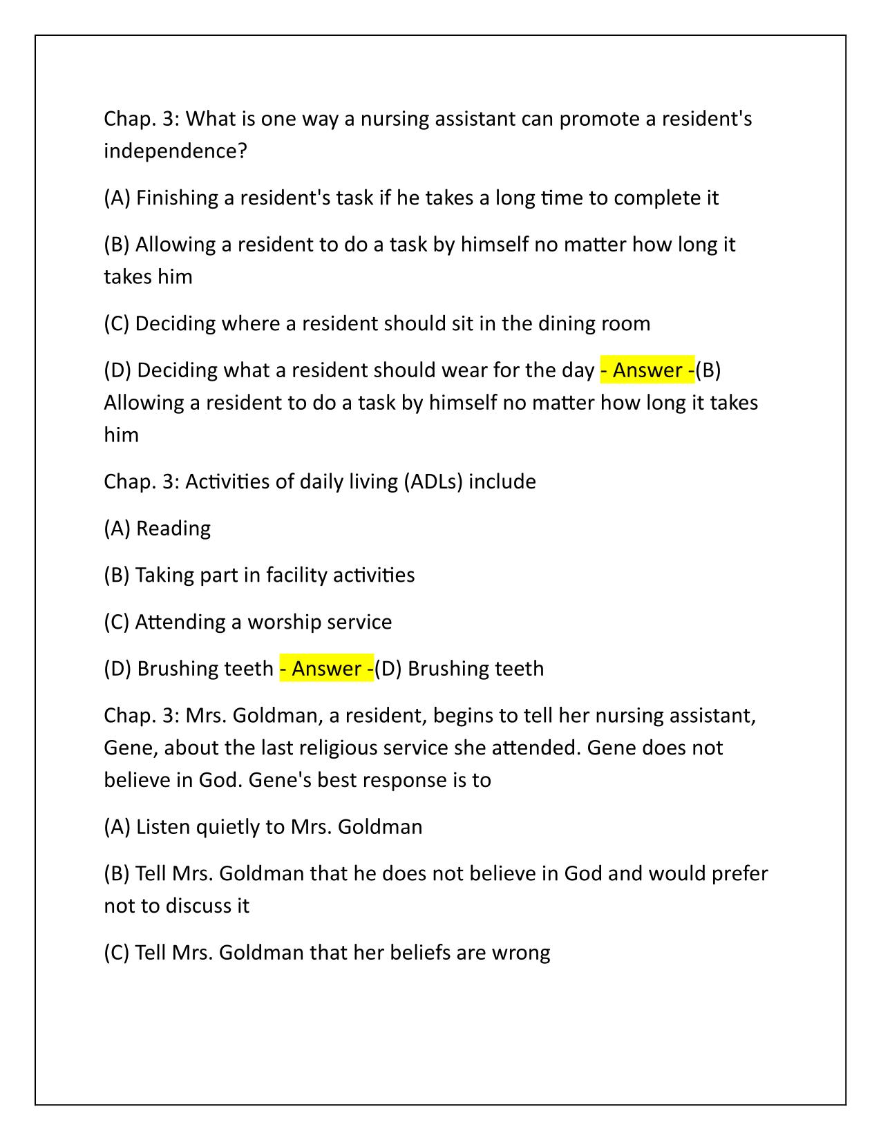 Hartmans Nursing Assistant Care Chapter 3 Exam Q&A Latest Update