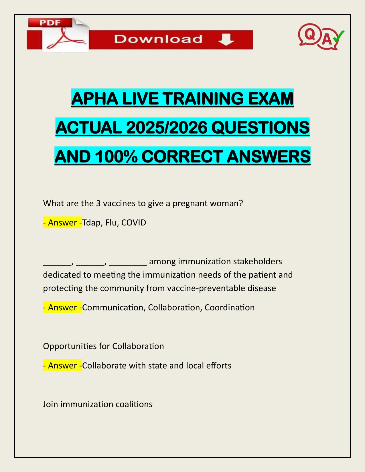 APHA LIVE TRAINING EXAM ACTUAL 2025/2026 CORRECTLY ANSWERED