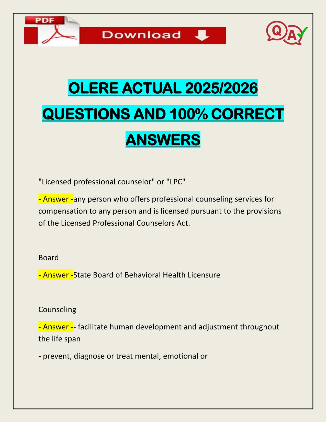 OLERE ACTUAL 2025/2026 QUESTIONS AND 100% CORRECT ANSWERS