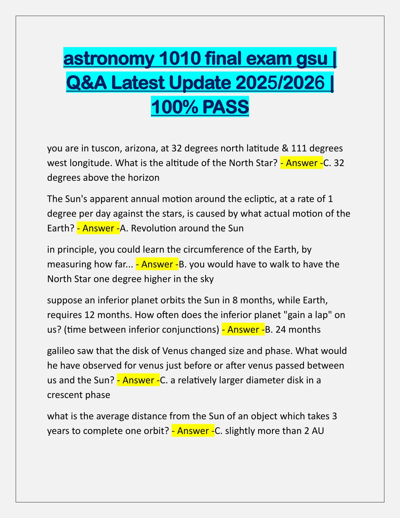 Astronomy 1010 Final exam GSU Q&A Latest Update