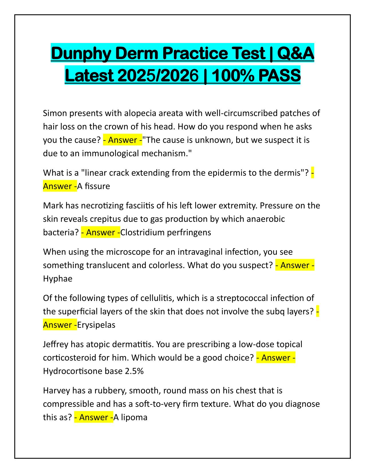 Dunphy Derm Practice Test Correctly Answered Latest